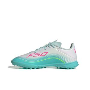 adidas F50 Messi League Turf "Ftwr White/Lucid Pink/Flash Aqua" Grade School Kids' Soccer Shoe