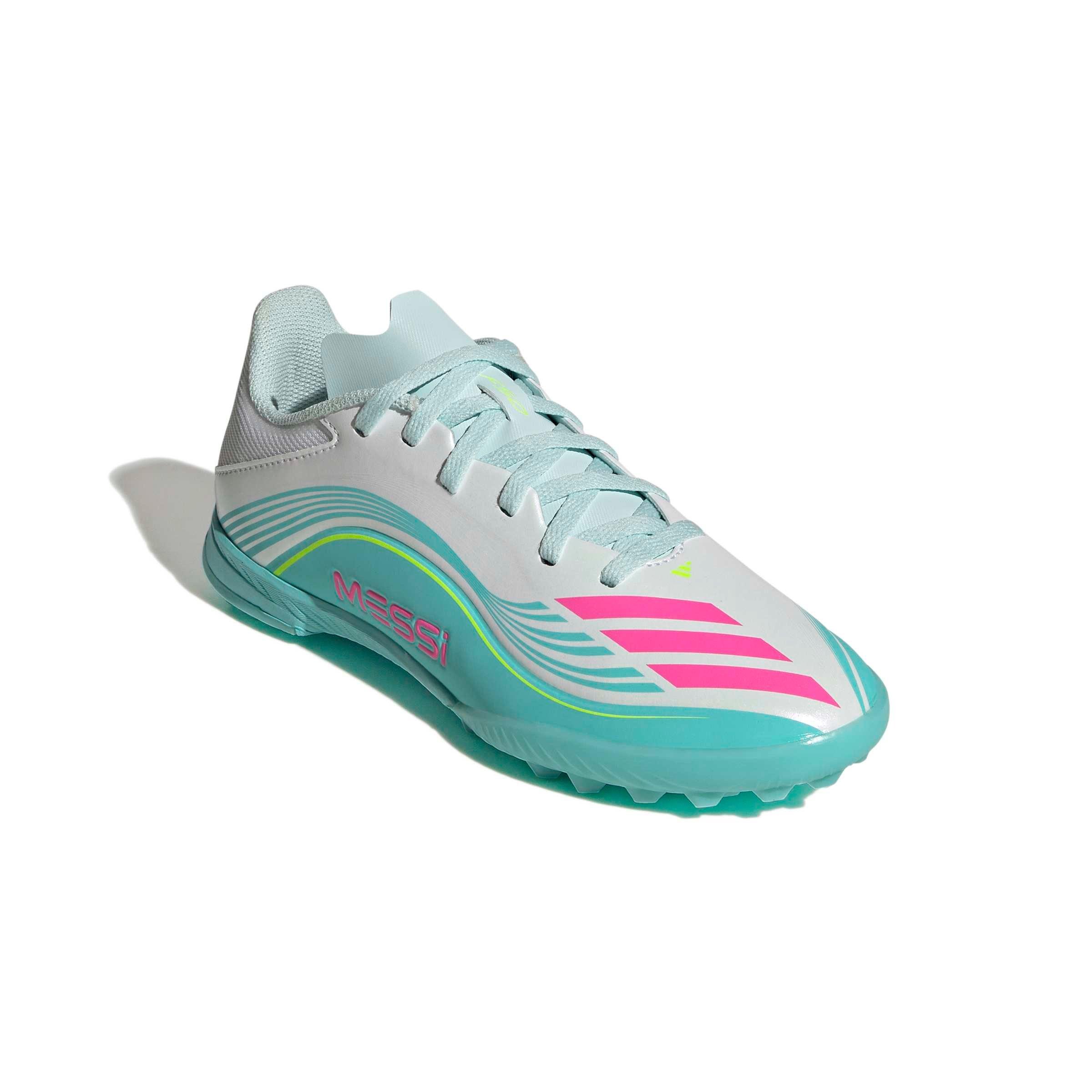 adidas F50 Messi League Turf "Ftwr White/Lucid Pink/Flash Aqua" Grade School Kids' Soccer Shoe - WHITE/PINK/AQUA Thumbnail View 3
