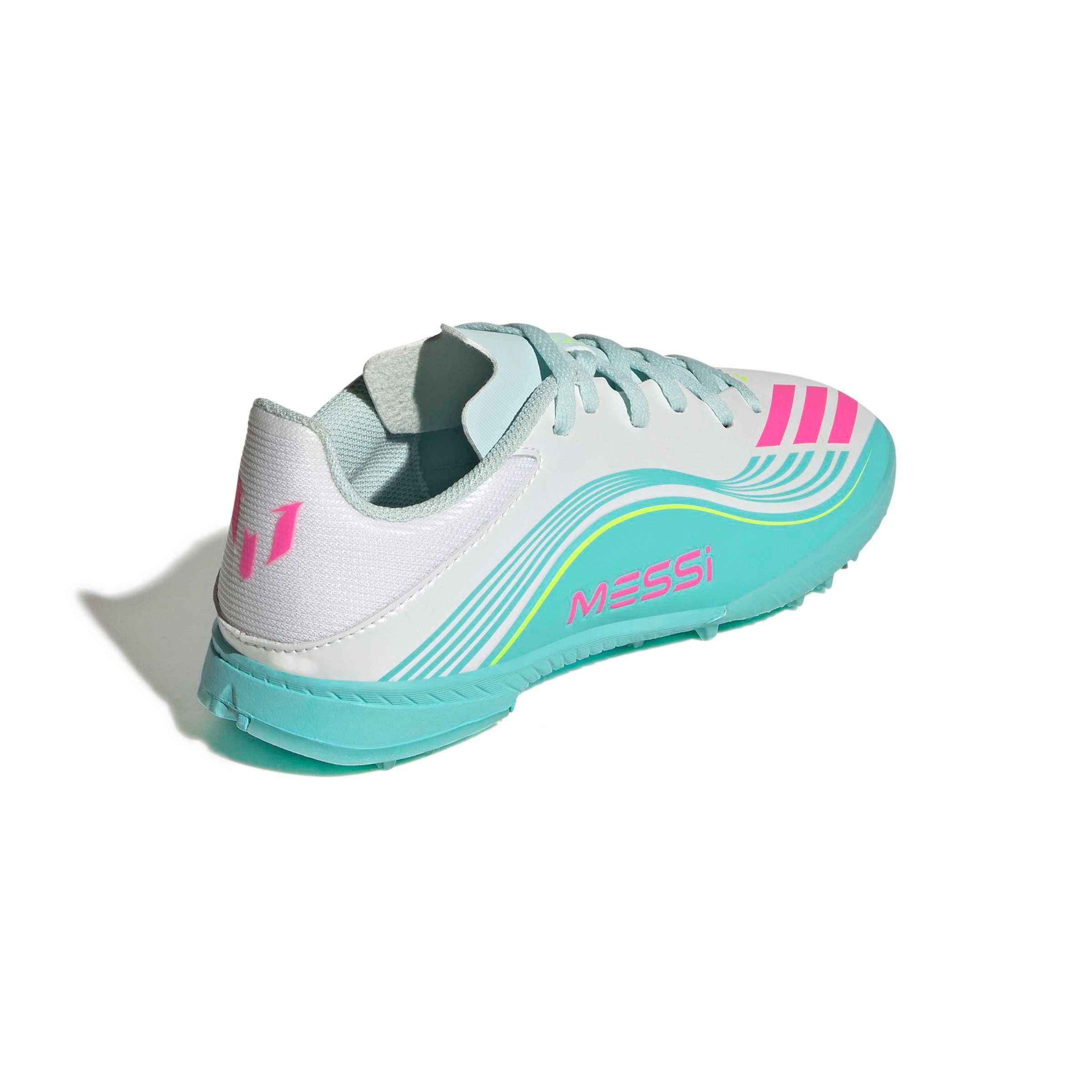 adidas F50 Messi League Turf "Ftwr White/Lucid Pink/Flash Aqua" Grade School Kids' Soccer Shoe - WHITE/PINK/AQUA Thumbnail View 4