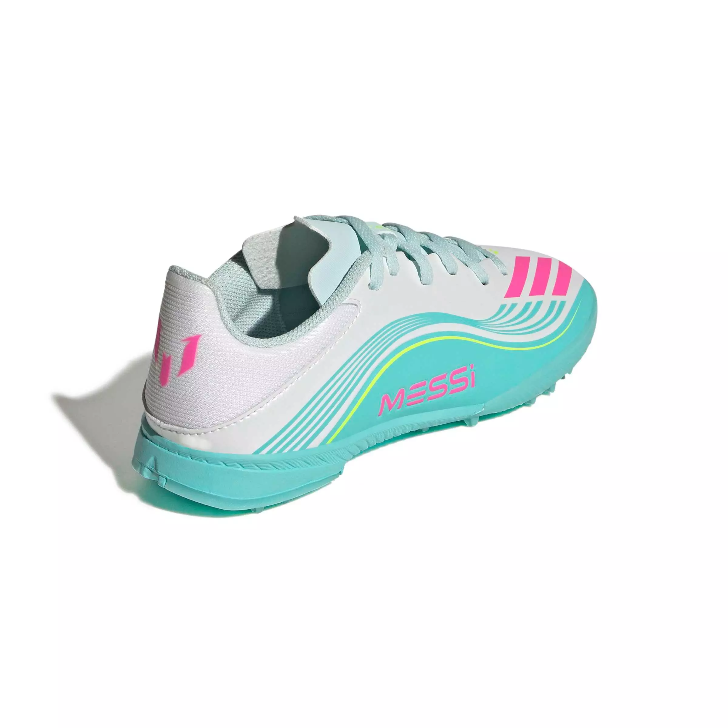 adidas F50 Messi League Turf "Ftwr White/Lucid Pink/Flash Aqua" Grade School Kids' Soccer Shoe - WHITE/PINK/AQUA