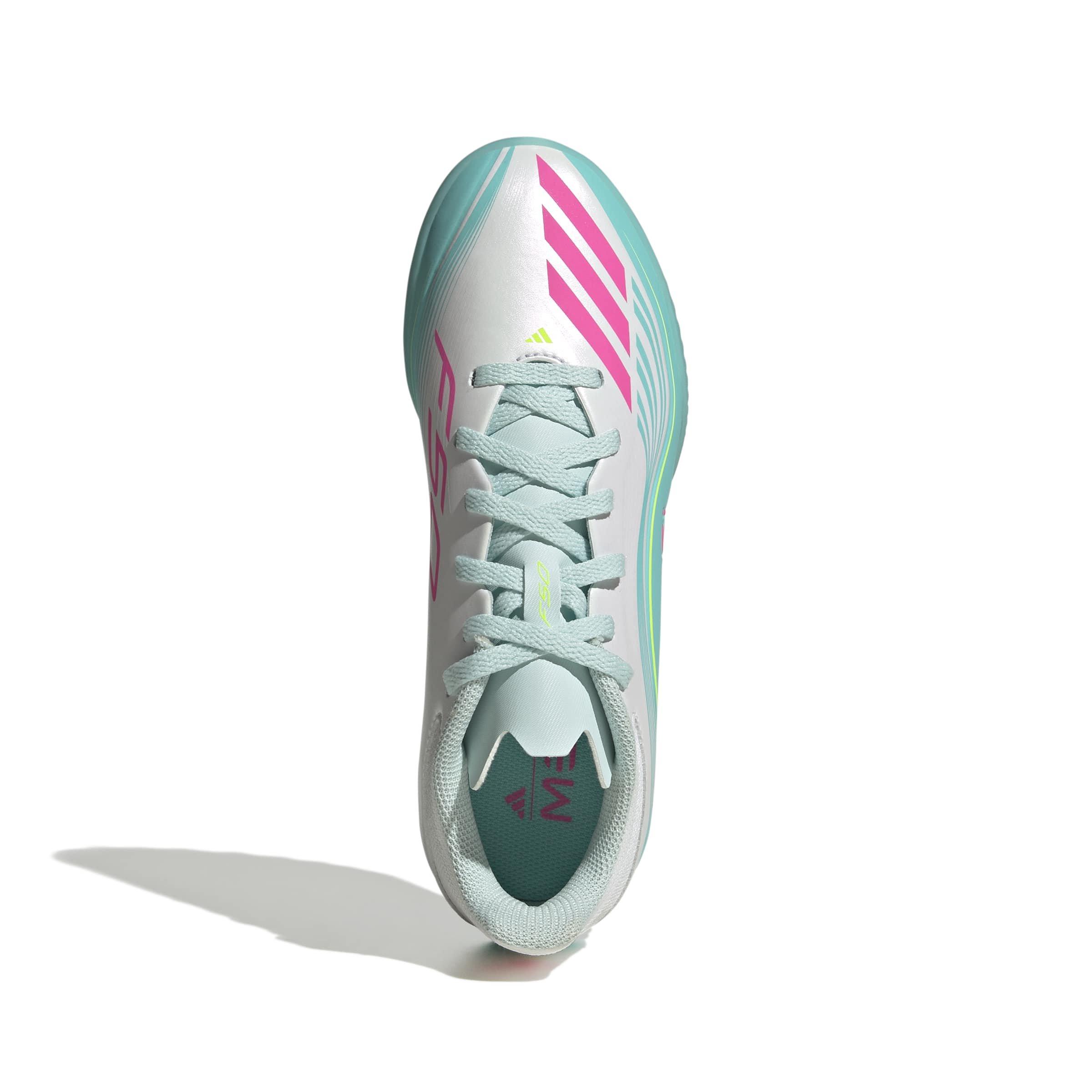 adidas F50 Messi League Turf "Ftwr White/Lucid Pink/Flash Aqua" Grade School Kids' Soccer Shoe - WHITE/PINK/AQUA Thumbnail View 5