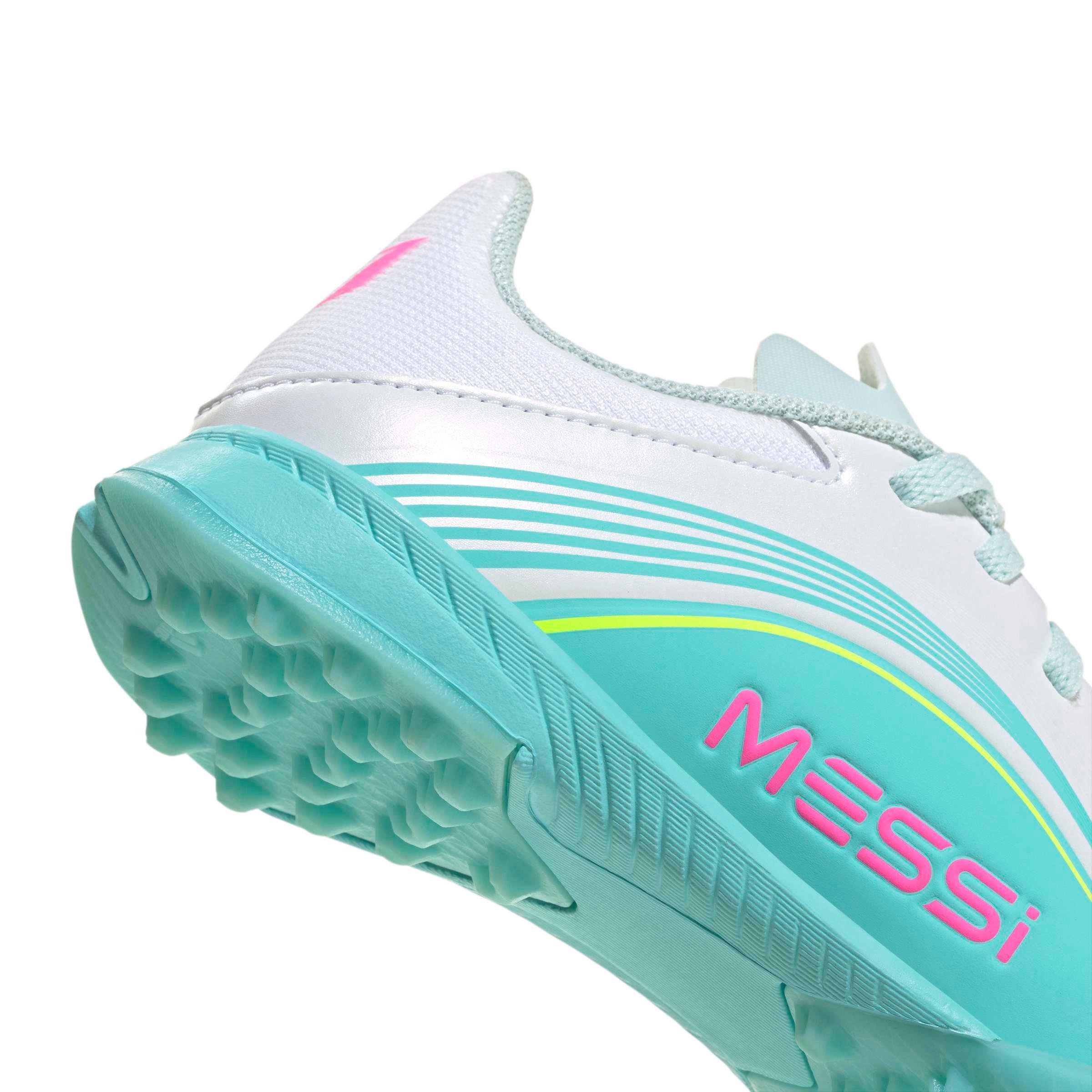adidas F50 Messi League Turf "Ftwr White/Lucid Pink/Flash Aqua" Grade School Kids' Soccer Shoe - WHITE/PINK/AQUA Thumbnail View 7