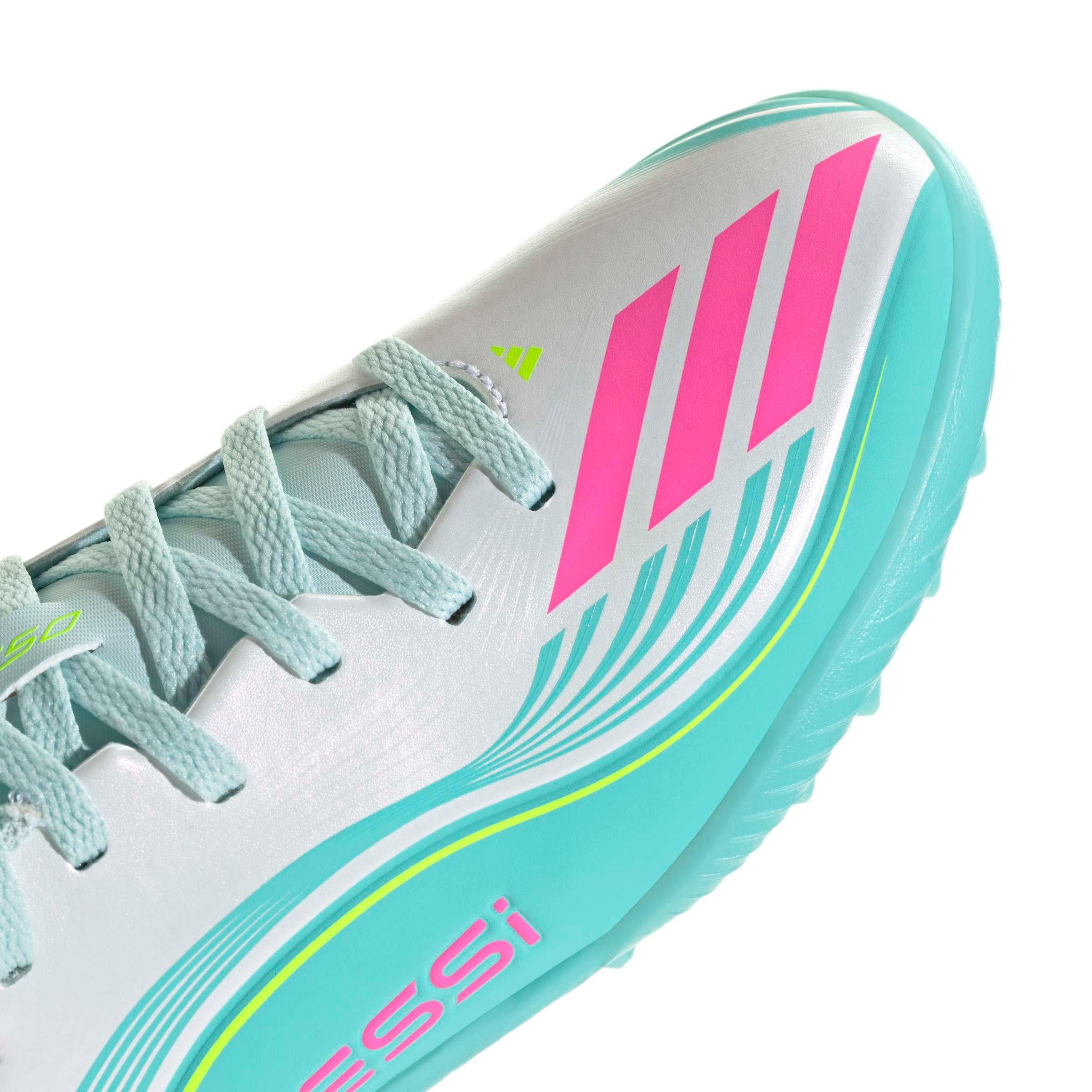 adidas F50 Messi League Turf "Ftwr White/Lucid Pink/Flash Aqua" Grade School Kids' Soccer Shoe - WHITE/PINK/AQUA Thumbnail View 8