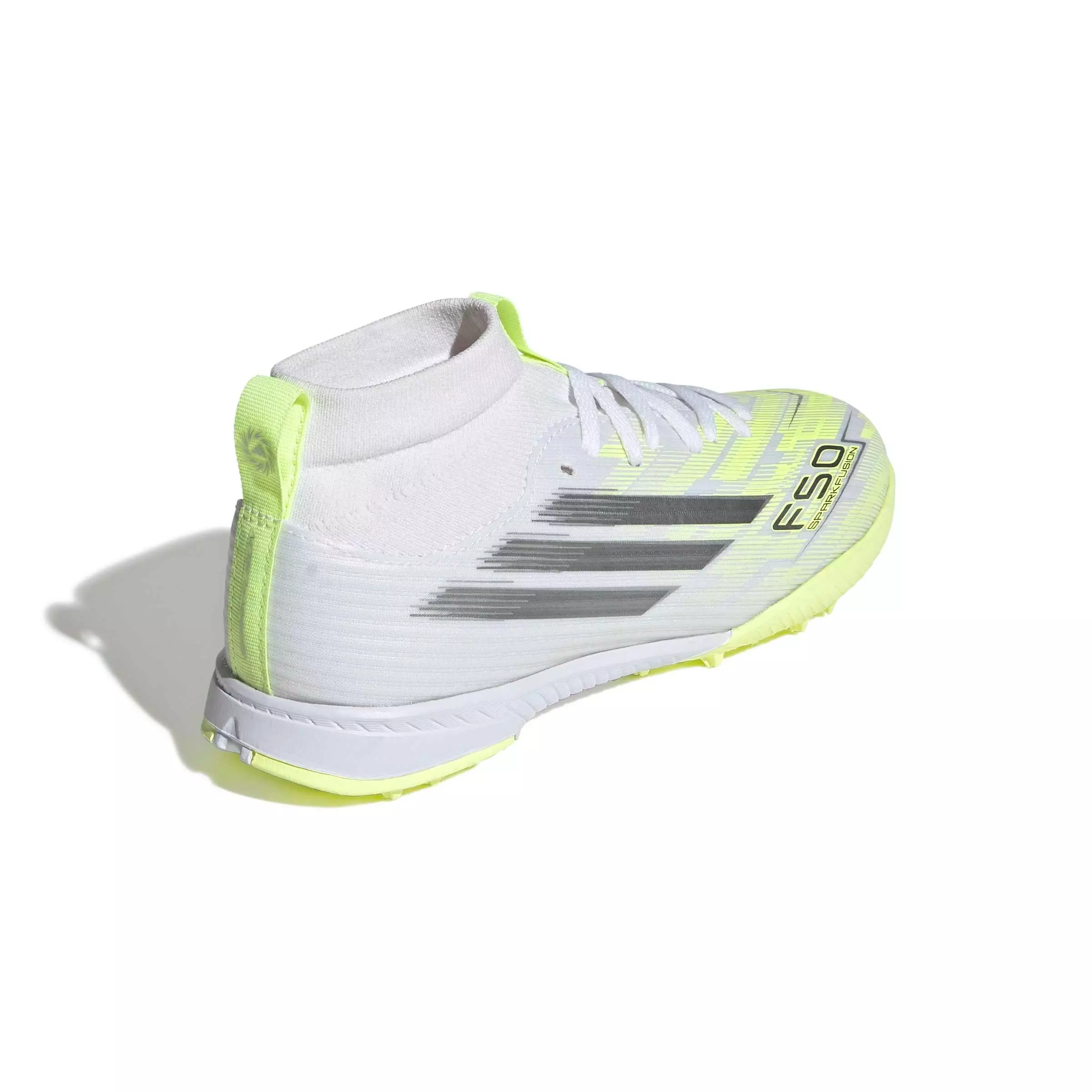 adidas F50 Sparkfusion League Mid Cut Turf "White/Iron/Hi-Res Yellow" Preschool Kids' Soccer Shoe - WHITE/IRON/YELLOW