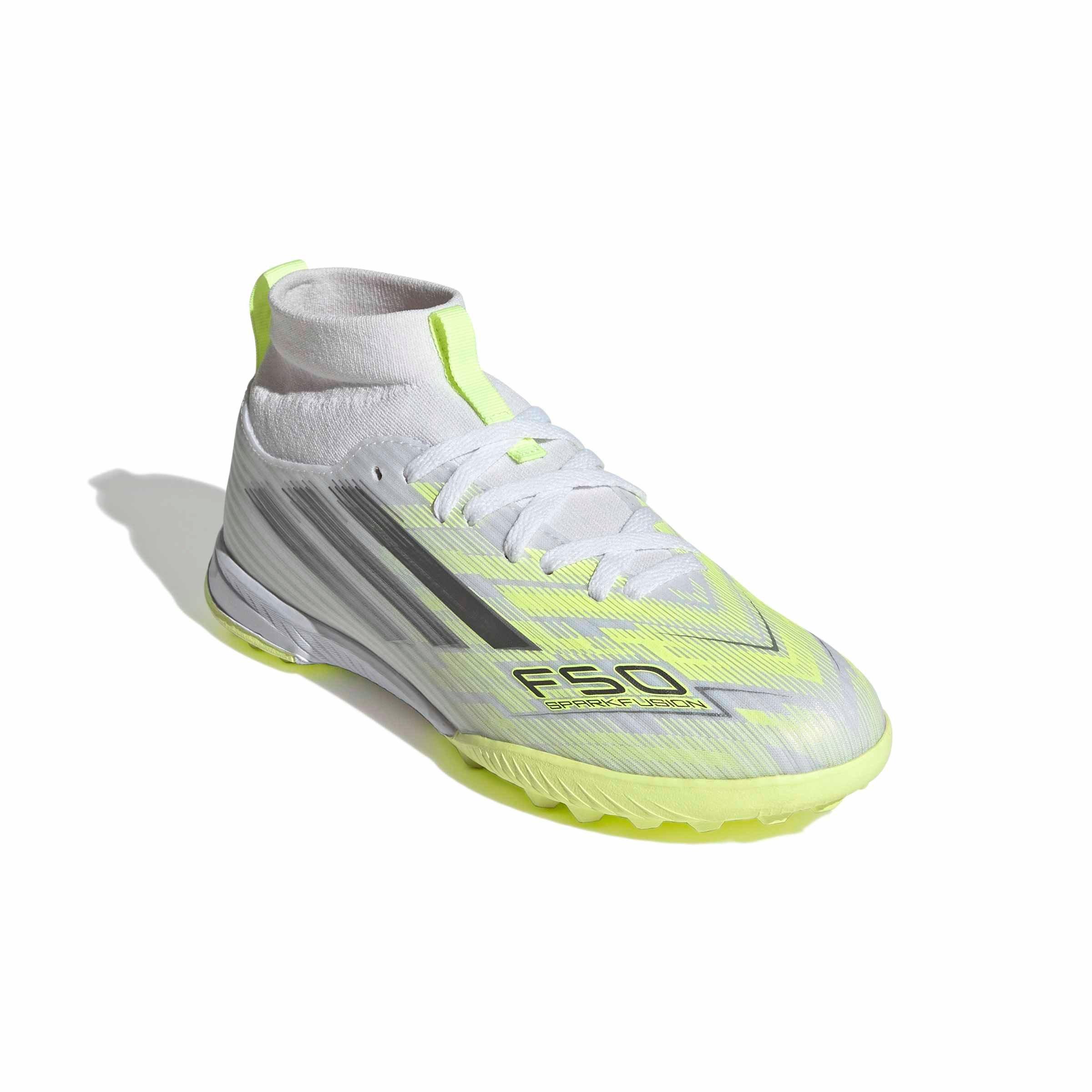 adidas F50 Sparkfusion League Mud Cut Turf "White/Iron/Hi-Res Yellow" Grade School Kids' Soccer Shoe - WHITE/IRON/YELLOW Thumbnail View 3
