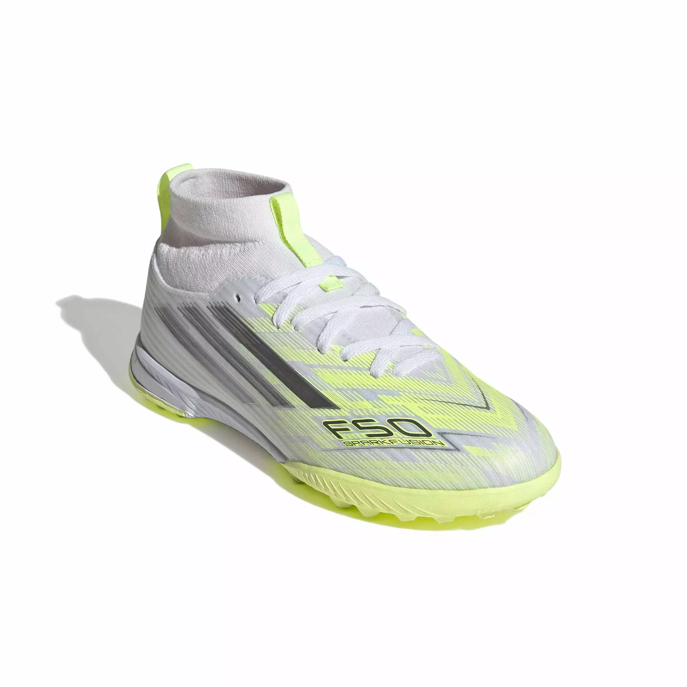 adidas F50 Sparkfusion League Mud Cut Turf "White/Iron/Hi-Res Yellow" Grade School Kids' Soccer Shoe - WHITE/IRON/YELLOW