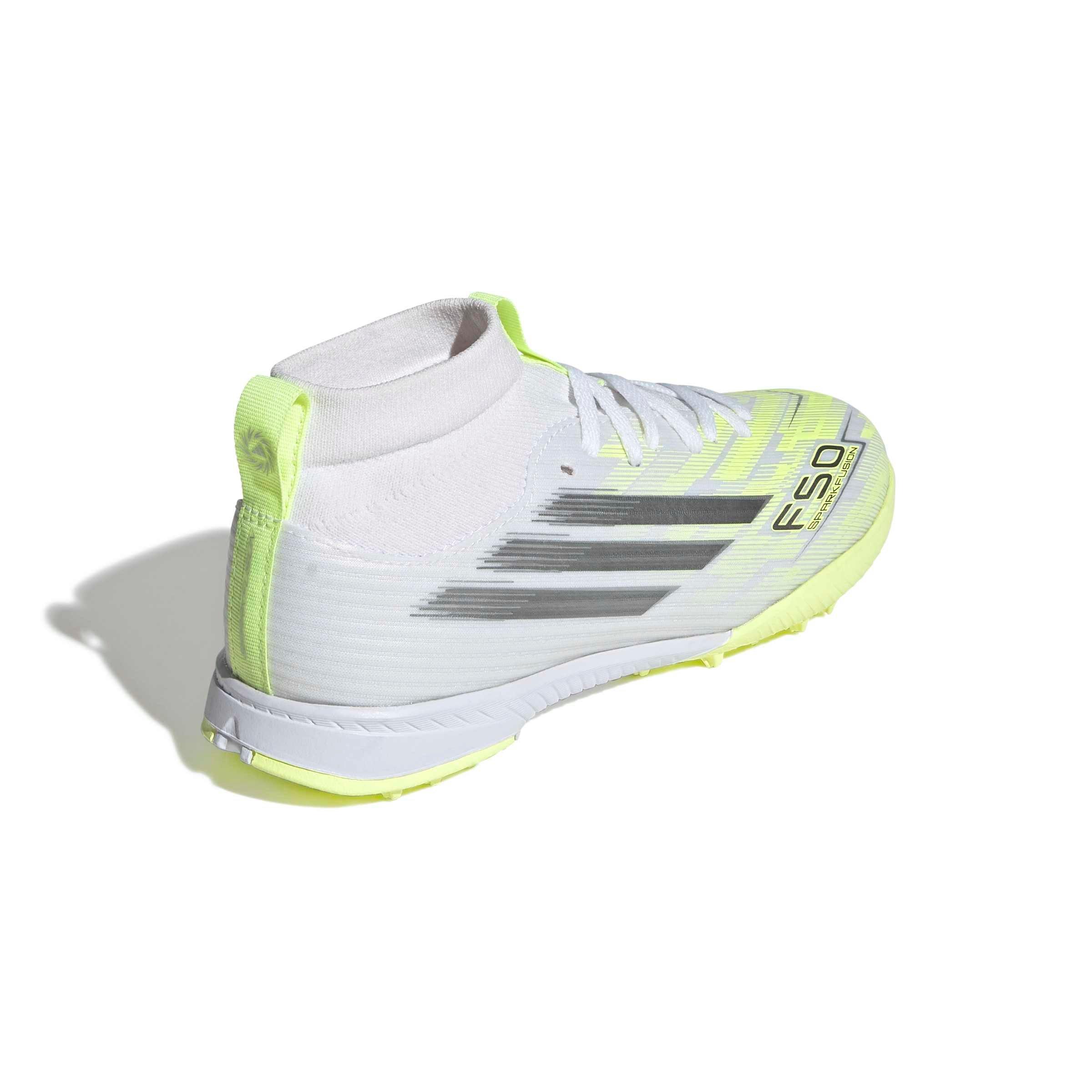 adidas F50 Sparkfusion League Mud Cut Turf "White/Iron/Hi-Res Yellow" Grade School Kids' Soccer Shoe - WHITE/IRON/YELLOW Thumbnail View 4