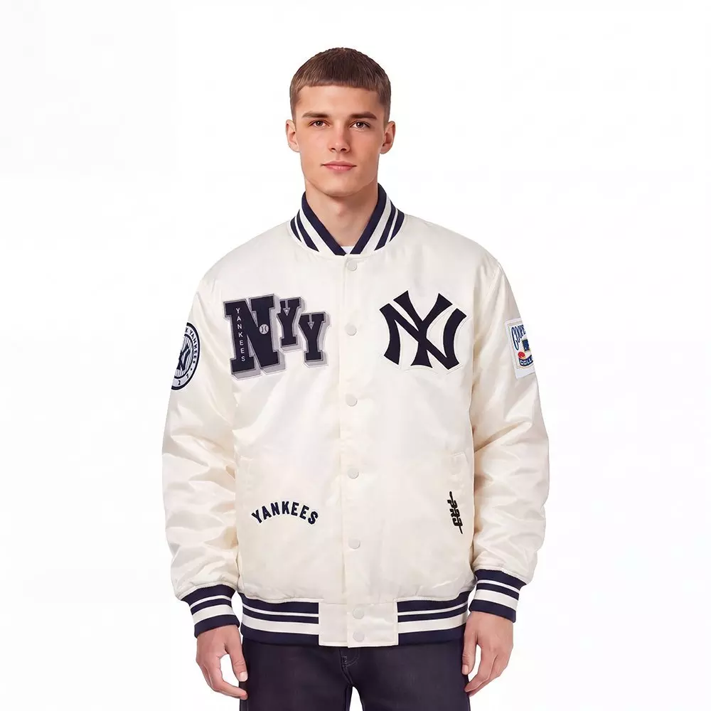 Pro Standard Men's MLB New York Yankees Best Of Rib Satin Jacket - Eggshell/Navy - EGGSHELL/NAVY