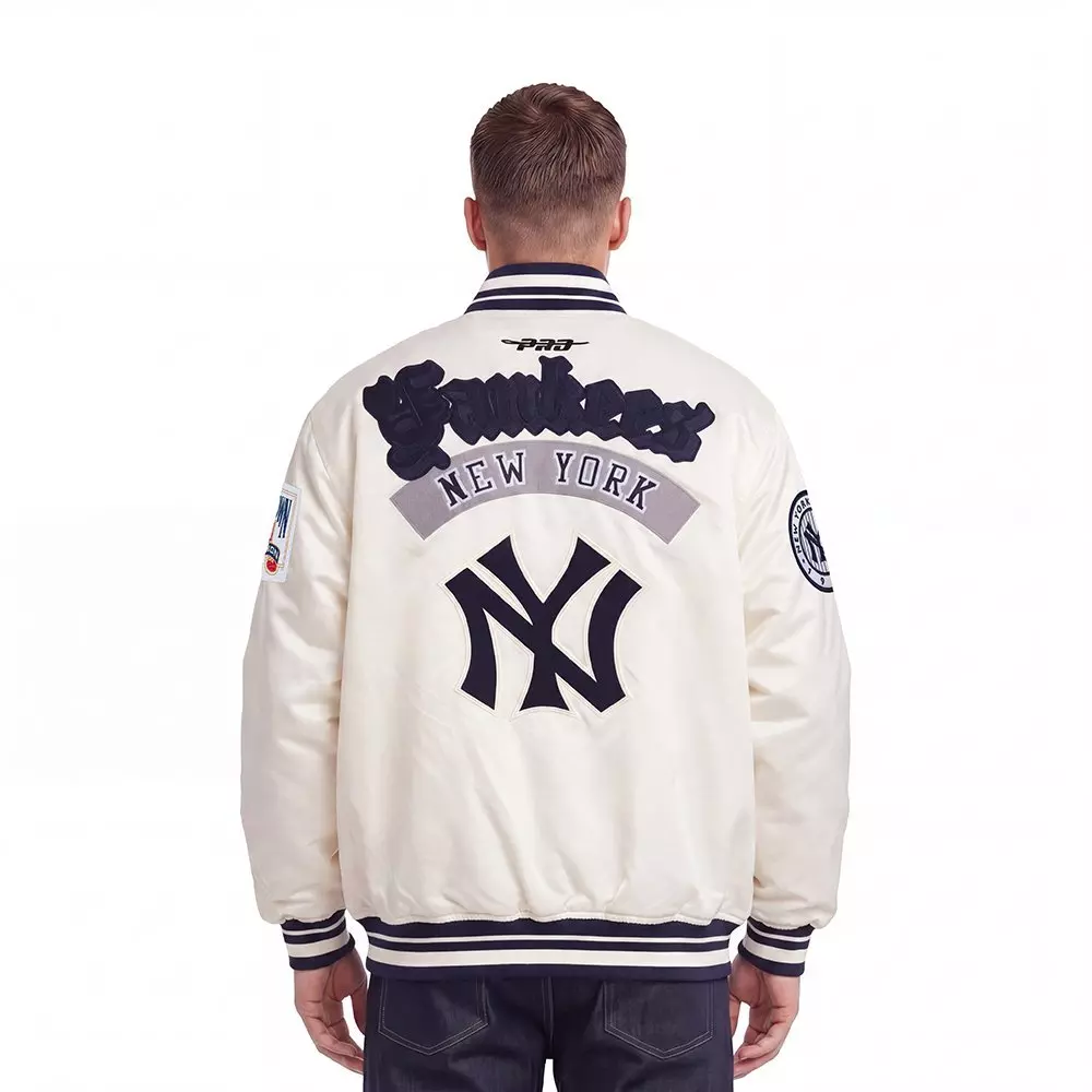 Pro Standard Men's MLB New York Yankees Best Of Rib Satin Jacket - Eggshell/Navy - EGGSHELL/NAVY
