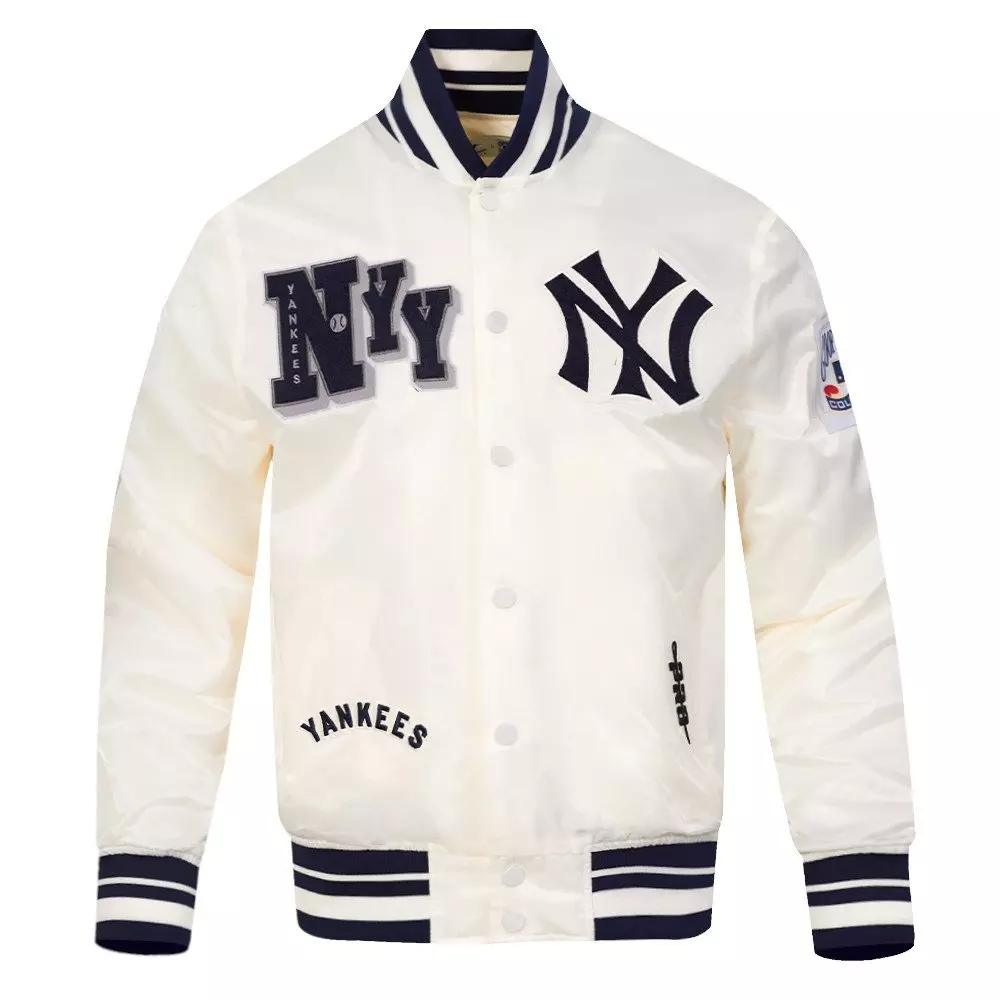 Pro Standard Men's MLB New York Yankees Best Of Rib Satin Jacket - Eggshell/Navy - EGGSHELL/NAVY