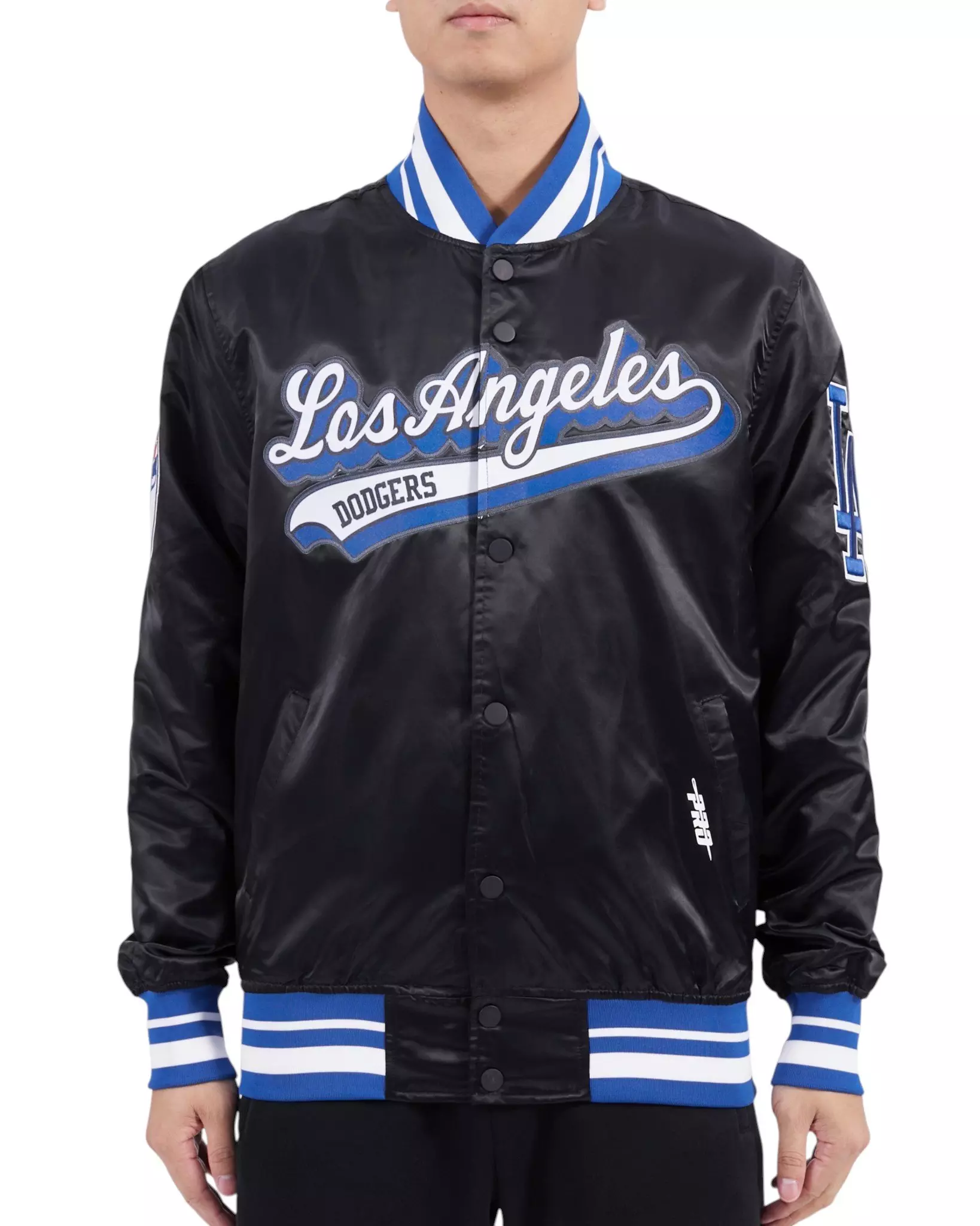 Pro Standard Men's MLB Los Angeles Dodgers Script Tail Satin Jacket - Black/Blue - BLACK/BLUE