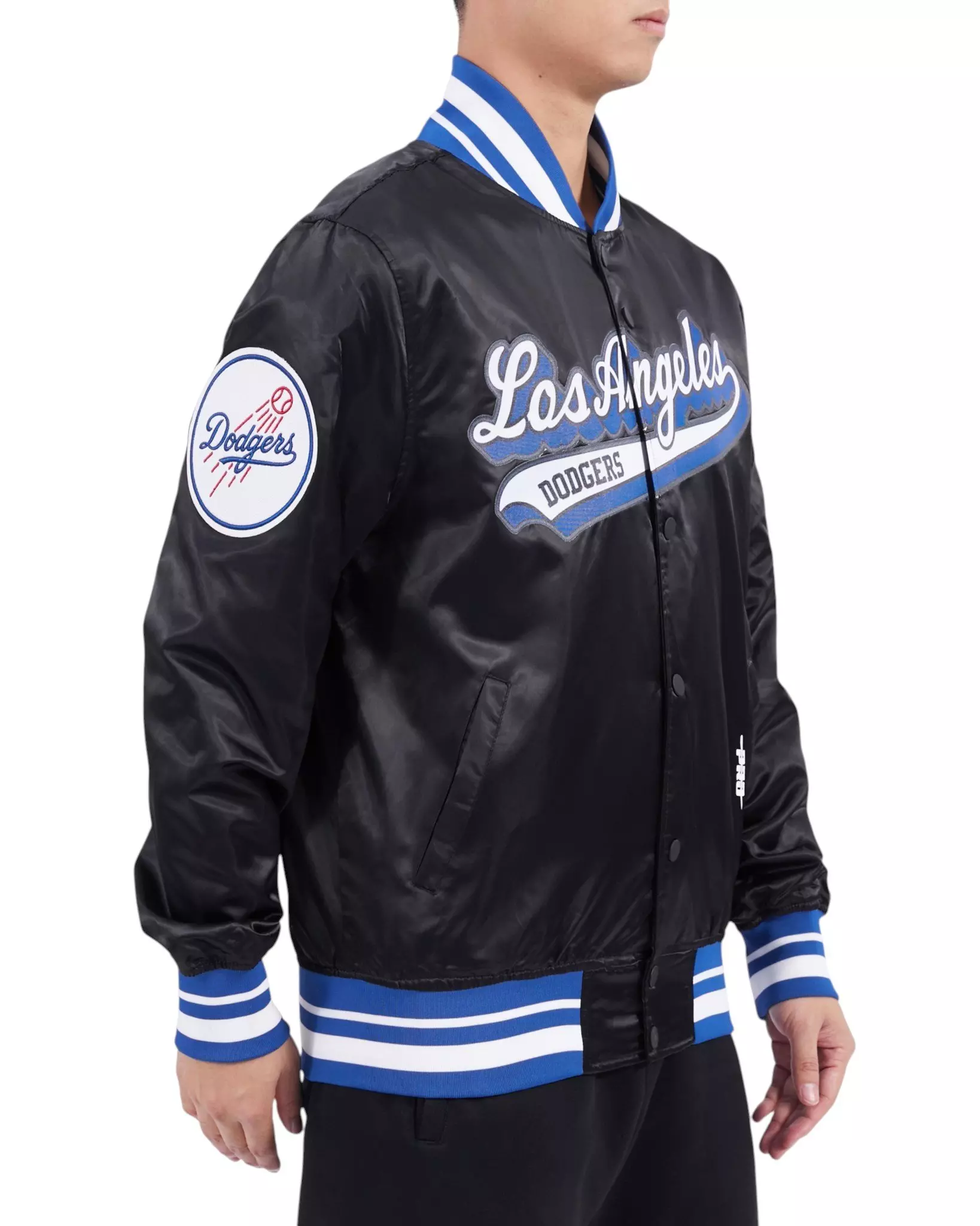 Pro Standard Men's MLB Los Angeles Dodgers Script Tail Satin Jacket - Black/Blue - BLACK/BLUE