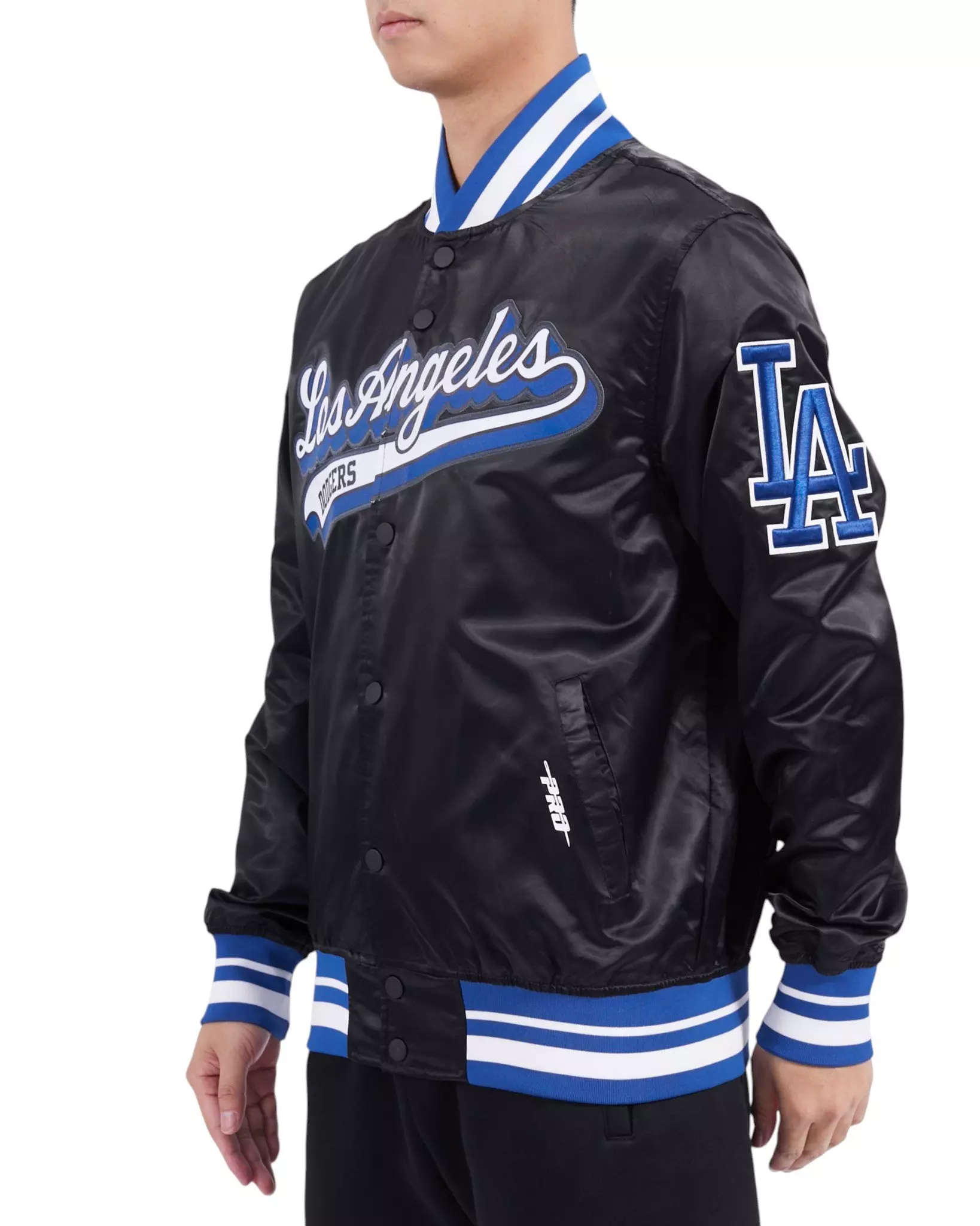 Pro Standard Men's MLB Los Angeles Dodgers Script Tail Satin Jacket - Black/Blue - BLACK/BLUE