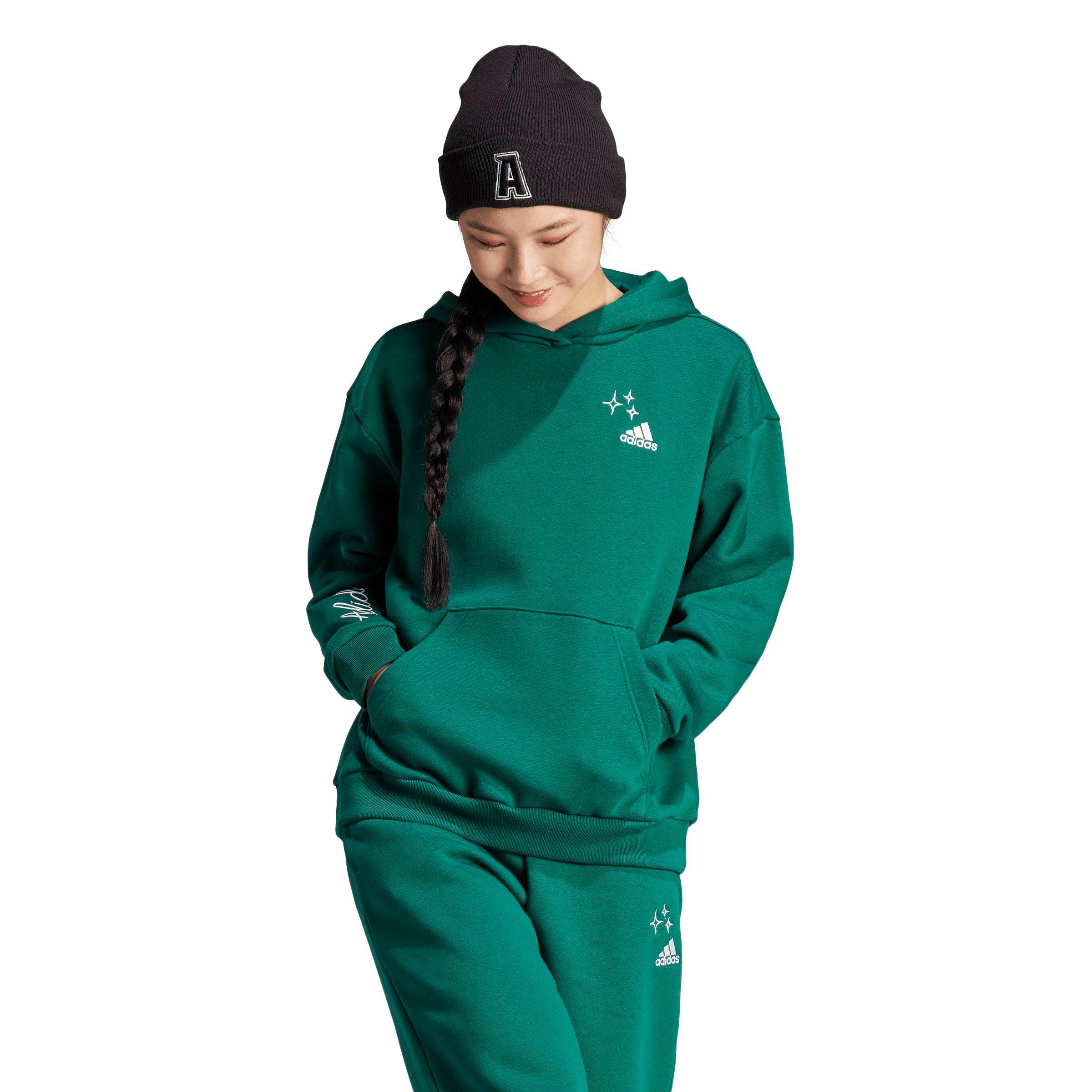 adidas Women s Varsity Scribble Embroidery Fleece Hoodie Green