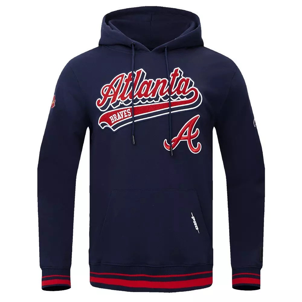Pro Standard Men's MLB Atlanta Braves Script Tail Rib Fleece Pullover Hoodie - Navy/Red - NAVY/RED