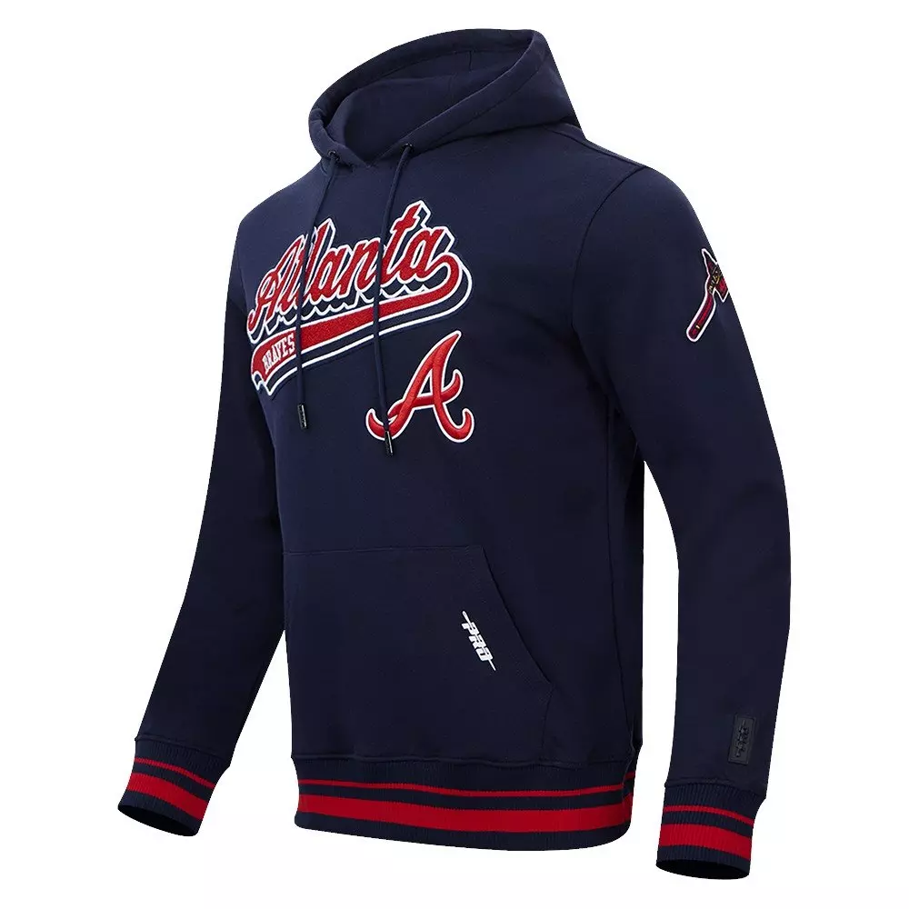 Pro Standard Men's MLB Atlanta Braves Script Tail Rib Fleece Pullover Hoodie - Navy/Red - NAVY/RED