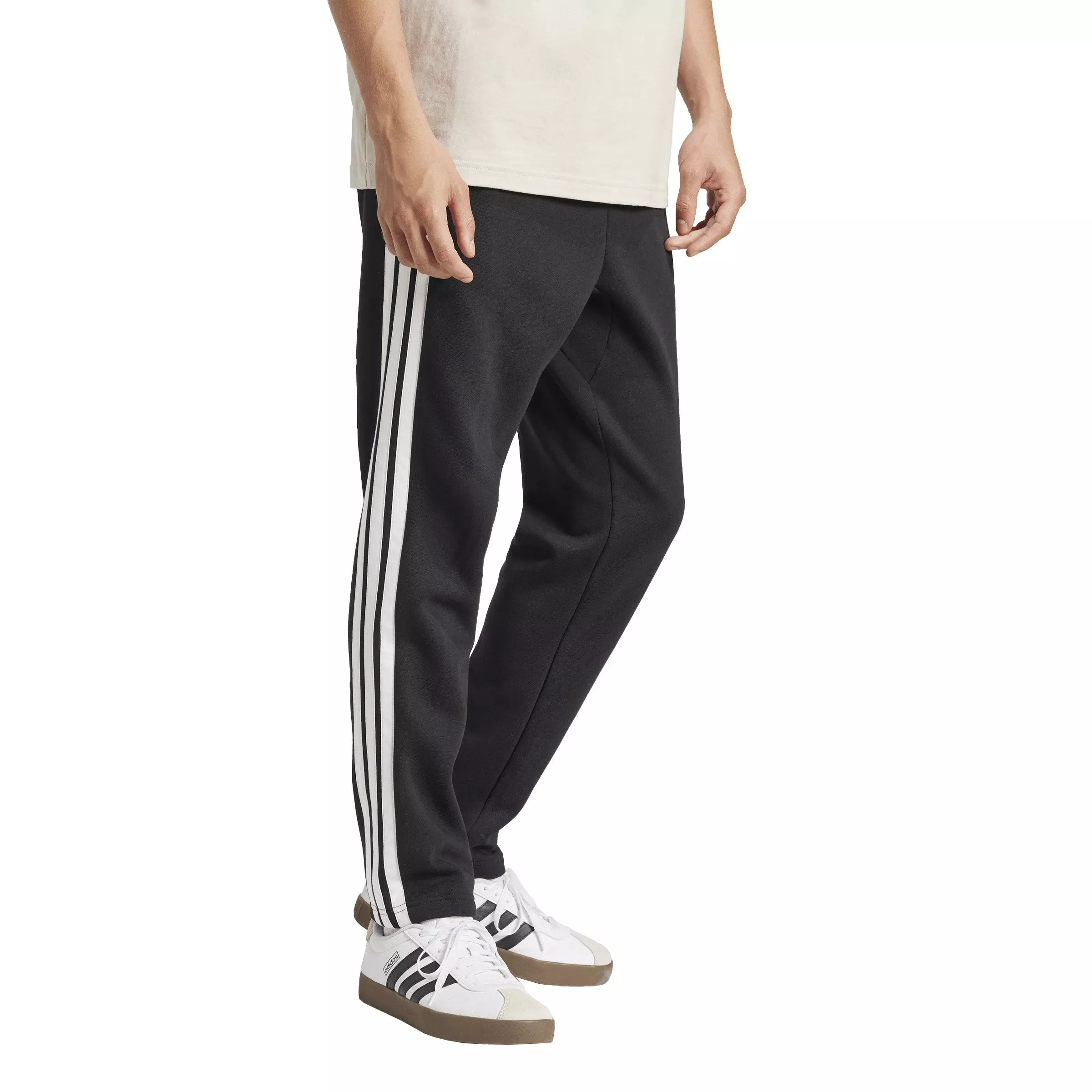 adidas Men's Essentials 3-Stripes Fleece Pants Open Hem - Black/White - BLACK/WHITE