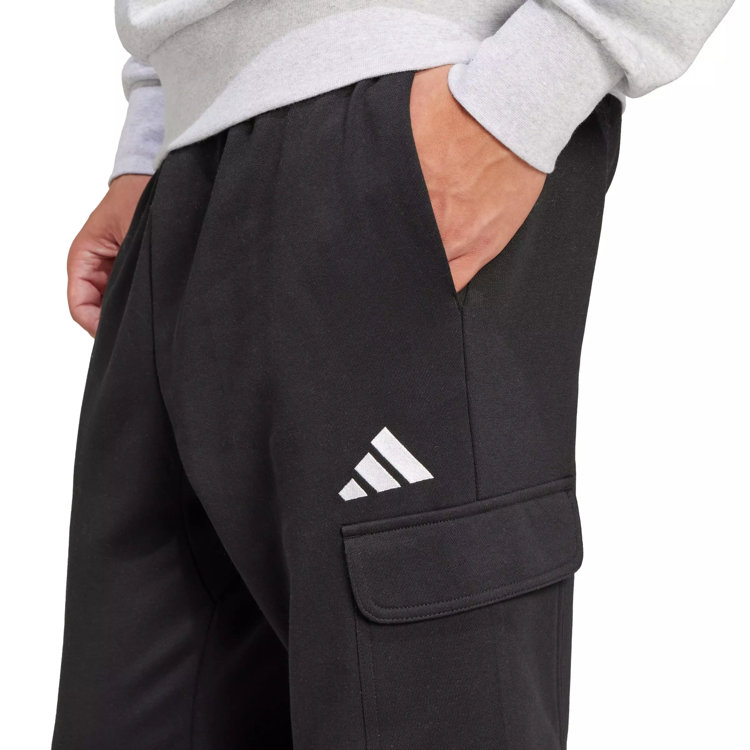 adidas Men's Essentials Feelcozy Fleece Cargo Joggers -Black/White - BLACK/WHITE