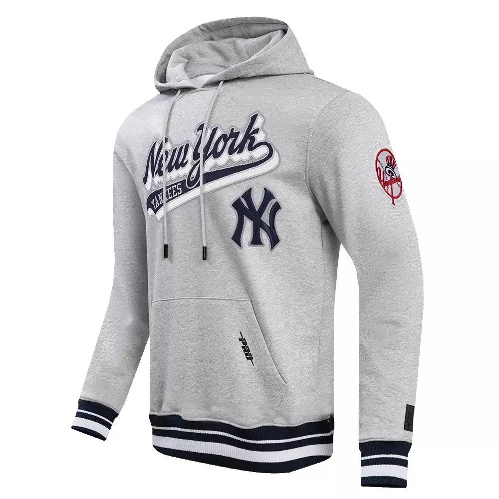 Pro Standard Men's MLB New York Yankees Script Tail Rib Fleece Pullover Hoodie - Grey/Navy - GREY/NAVY