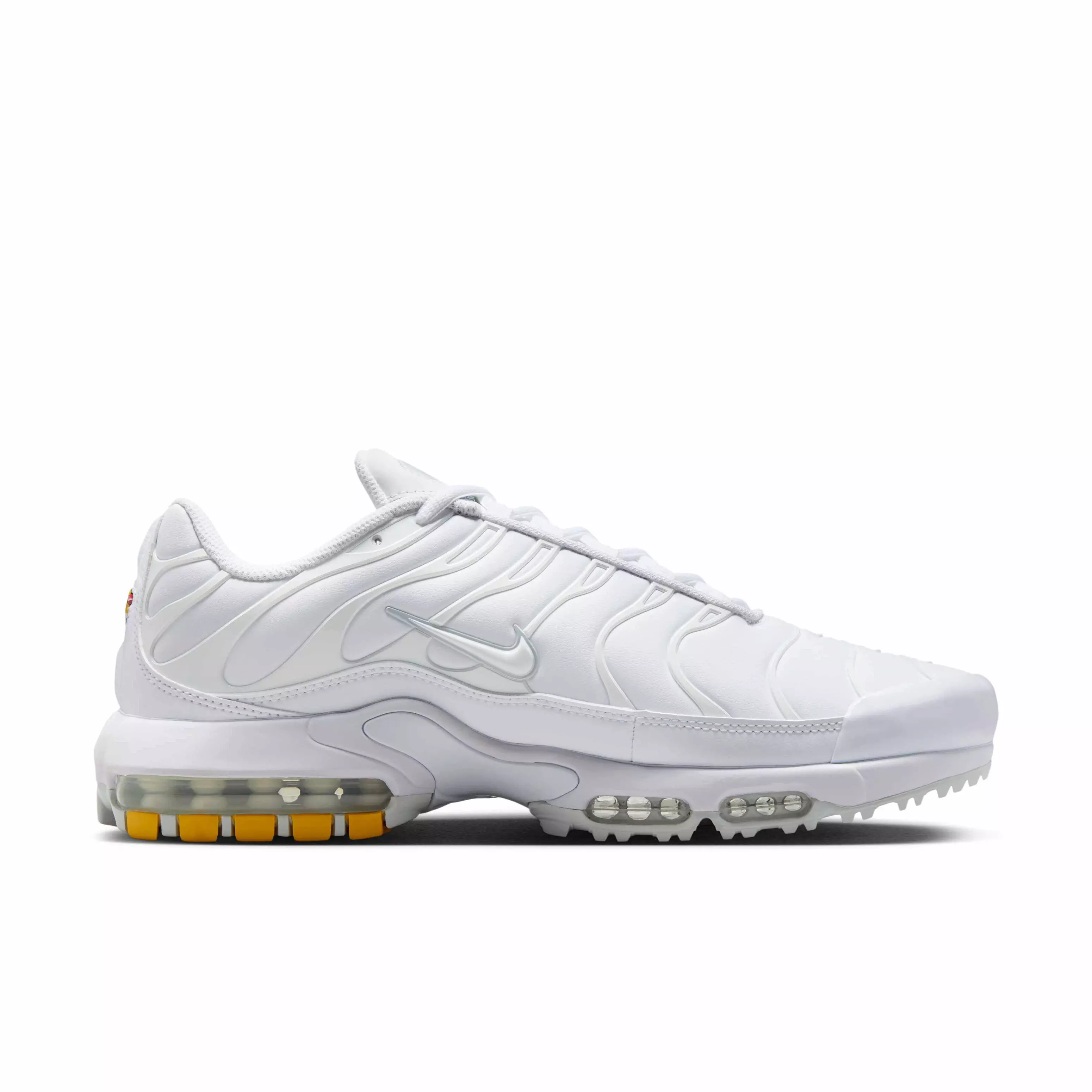 Nike Air Max Plus "White/Gold/Salsa Red/Pure Platinum" Men's Golf Shoe - WHITE/GOLD/RED/PLATINUM