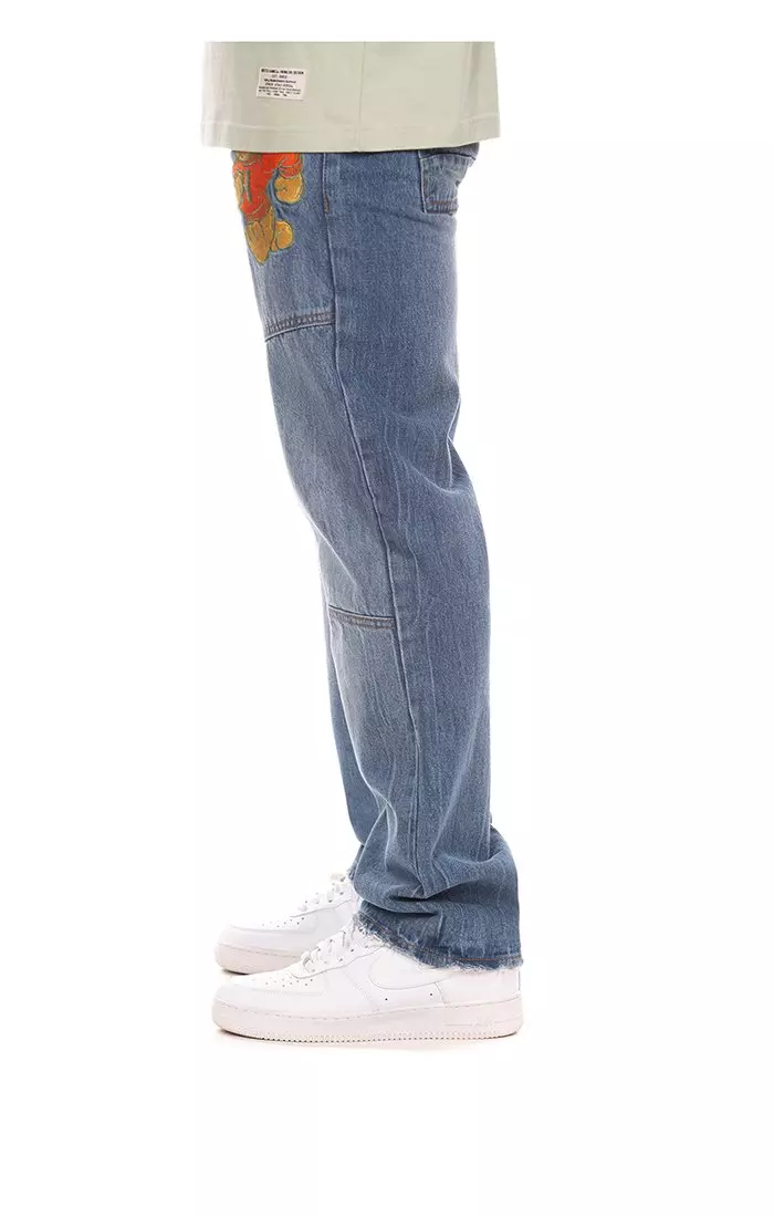 Hustle Gang Men's Walk Down Relaxed Fit Medium Wash Denim Jeans - BLUE