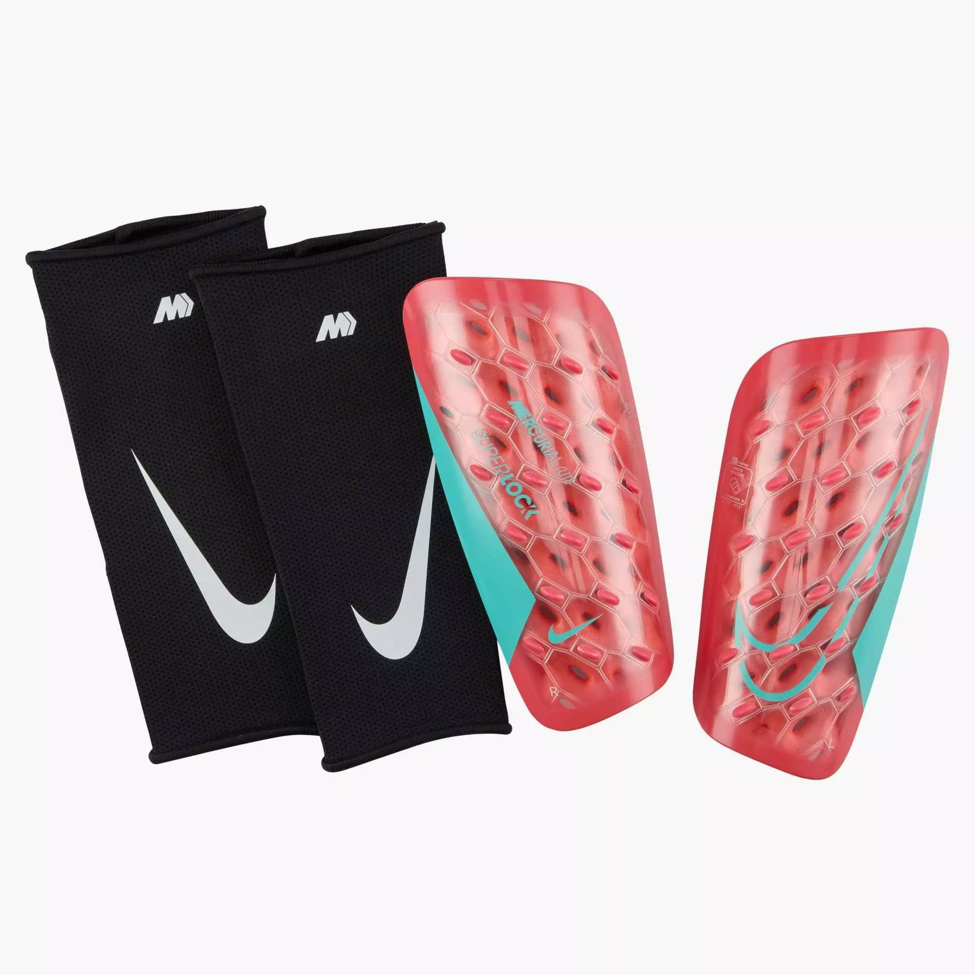 Nike Mercurial Lite SuperLock Soccer Shin Guards-Ember Glow/Aurora Green - EMBER/GREEN