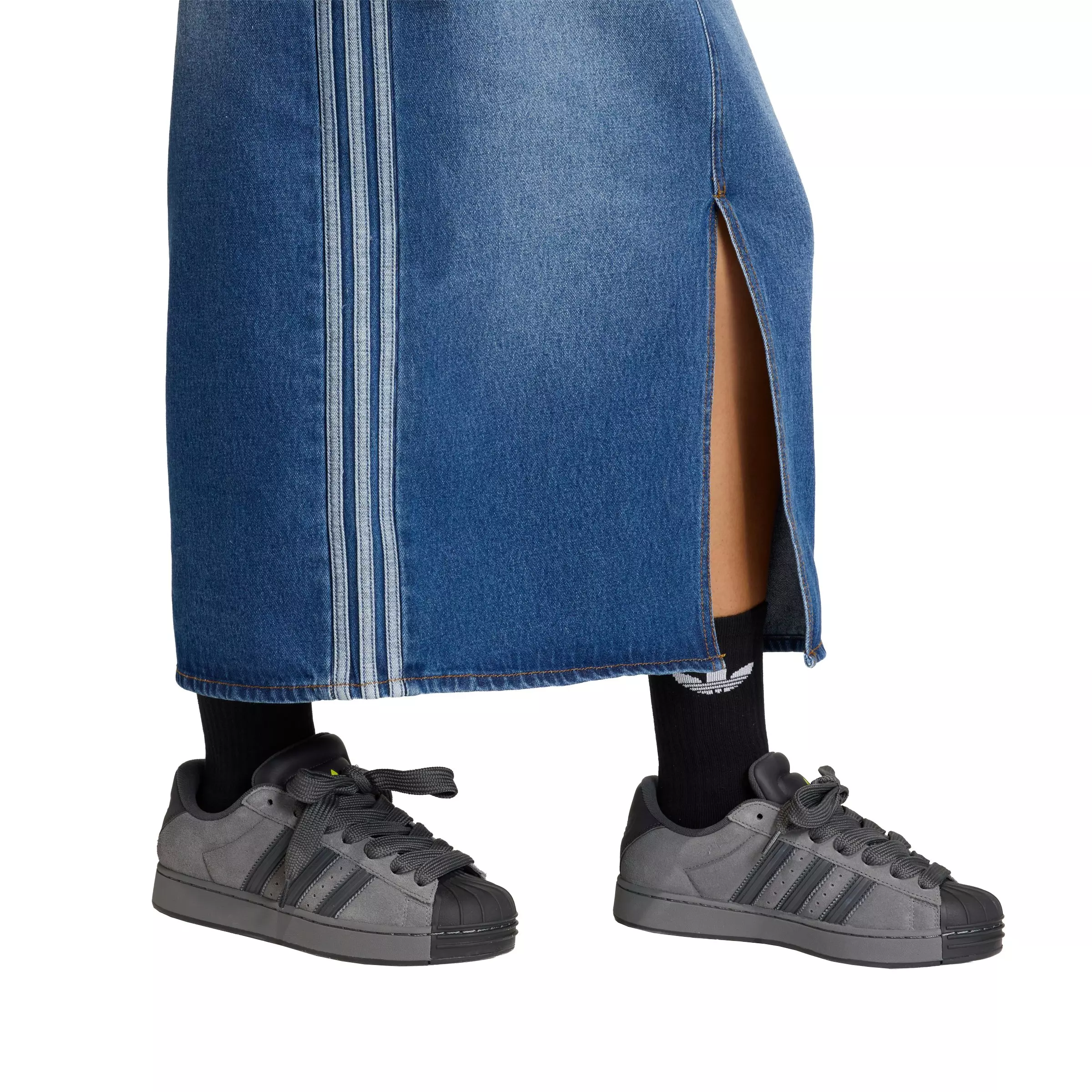 adidas Originals Women's 3 Stripes Medium Blue Wash Denim Pencil Skirt - DENIM