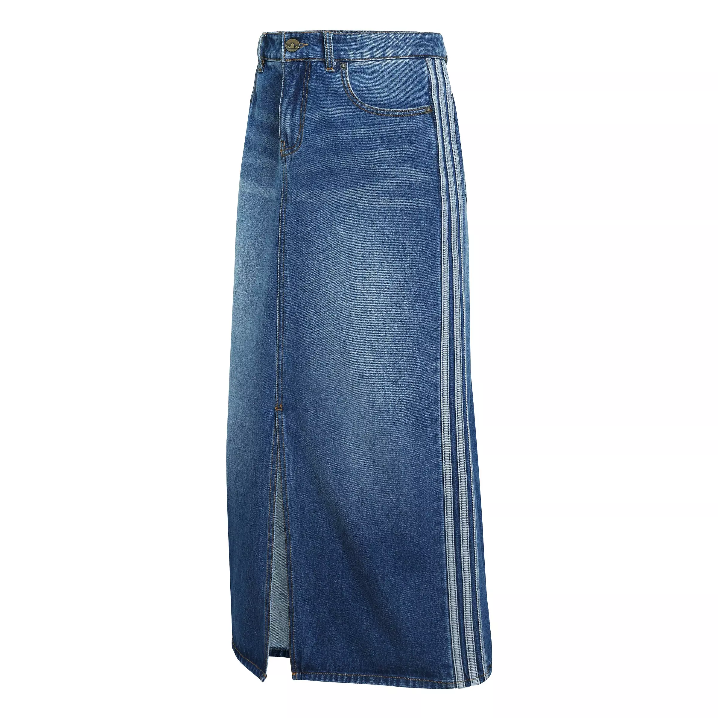 adidas Originals Women's 3 Stripes Medium Blue Wash Denim Pencil Skirt - DENIM