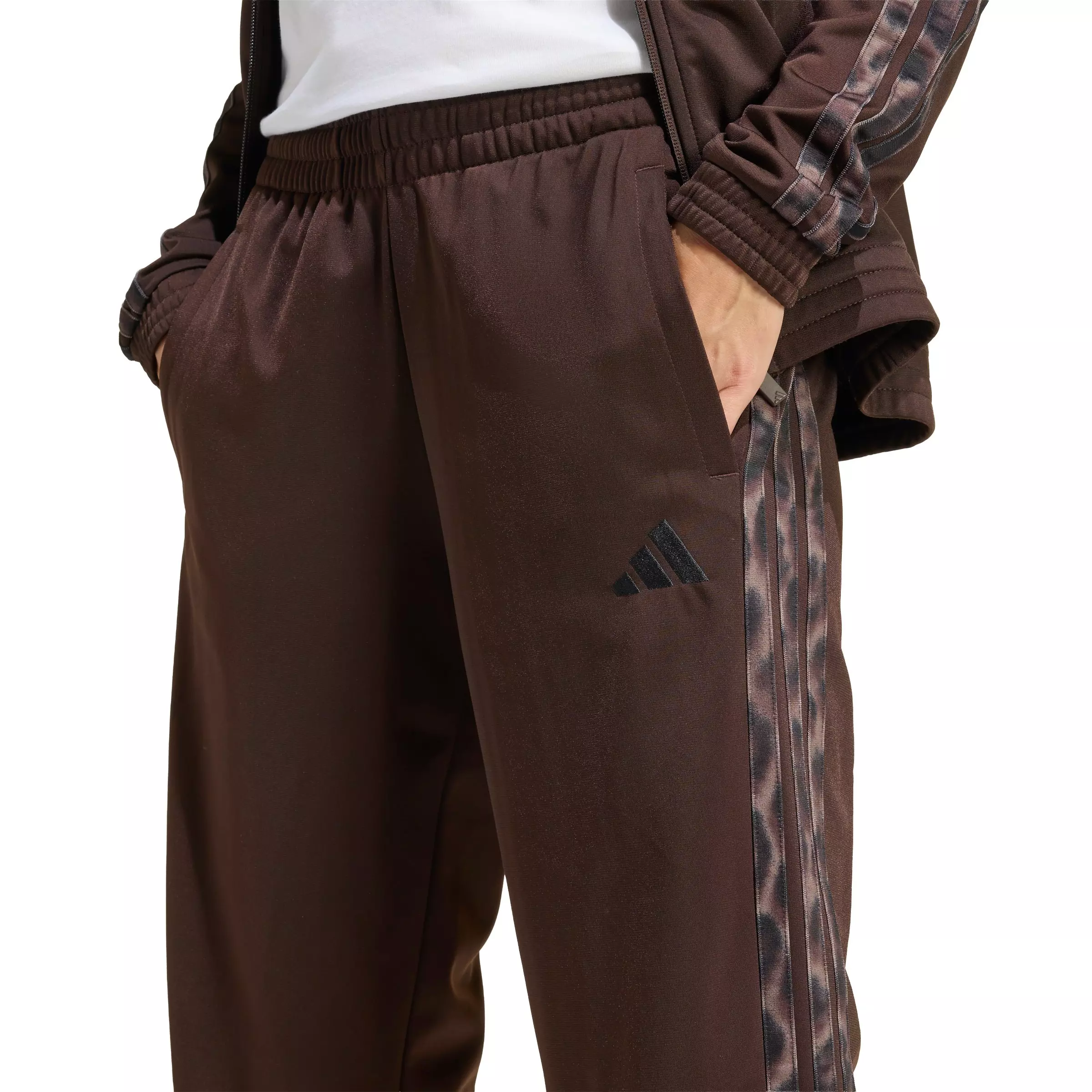 adidas Women's Tricot 3-Stripes Leopard Print Tracksuit Pants - Brown - BROWN