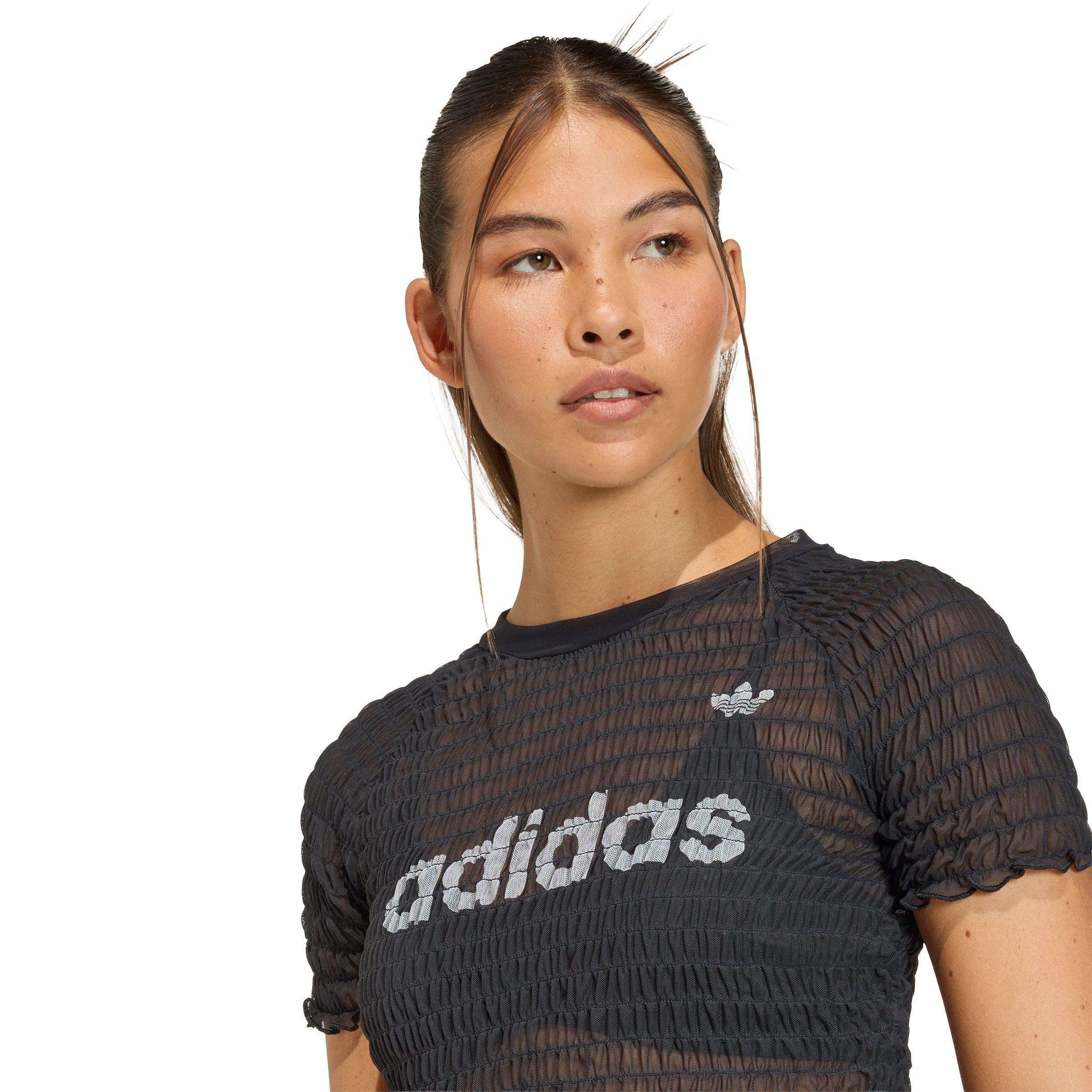 adidas Originals Women's Smocked Cali T-Shirt - Black - BLACK Thumbnail View 3