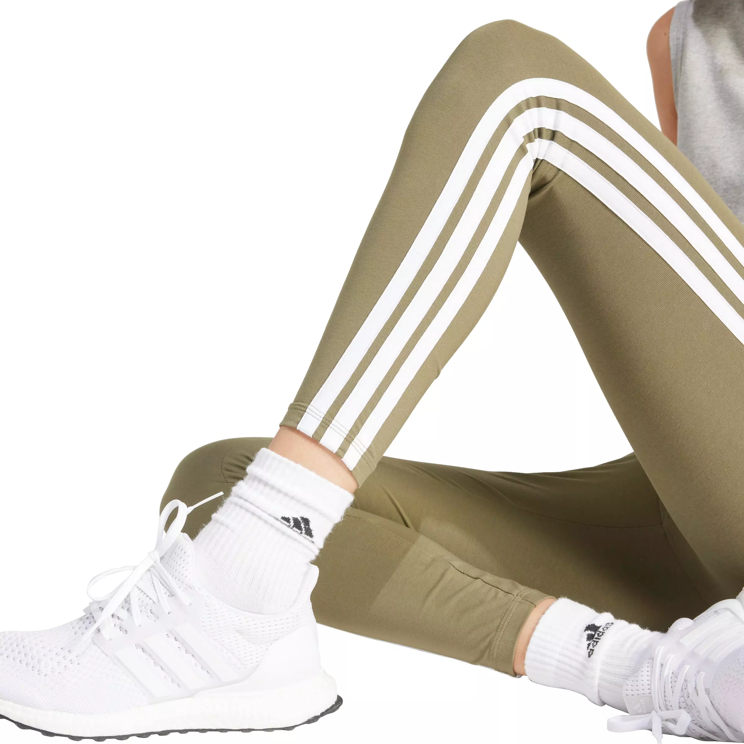 adidas Women's Essentials 3-Stripes Cotton Leggings - Green/White - GREEN/WHITE