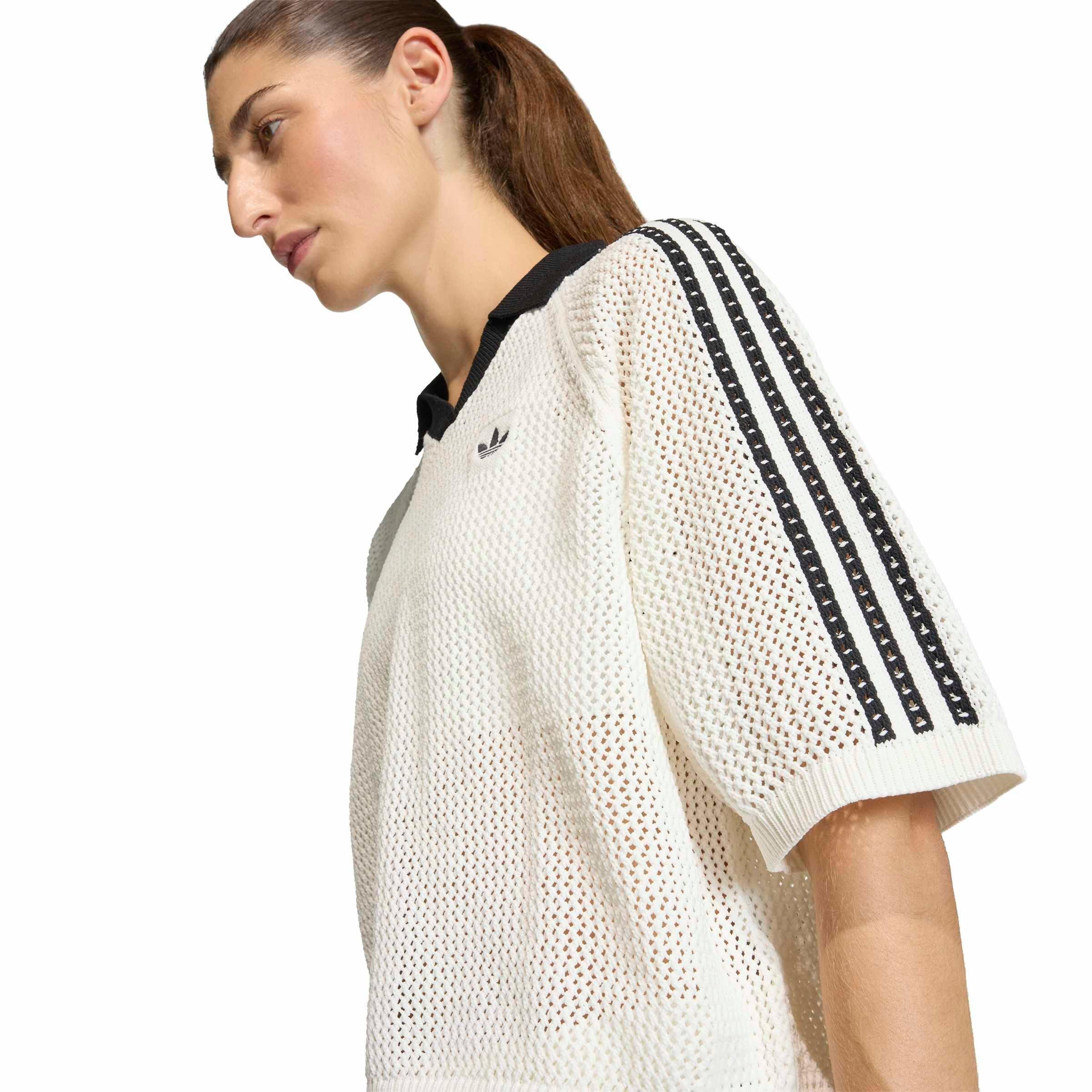 adidas Originals Women's Knitted Crochet Polo - Off-White - OFF-WHITE Thumbnail View 4