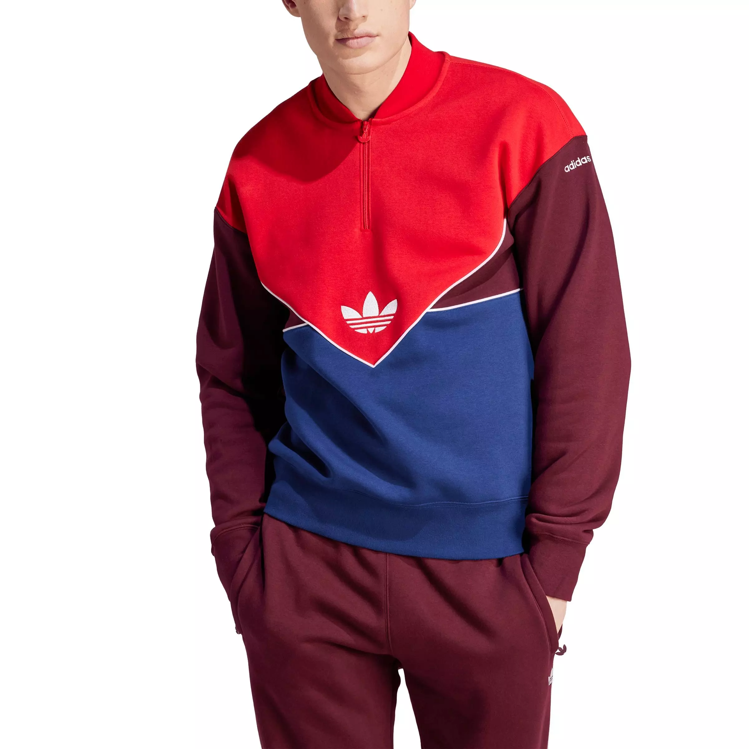 adidas Originals Men's Adicolor Seasonal Archive Half-Zip Crew Sweatshirt -Red/Dk Blue/Maroon - RED/DKBLUE/MAROON