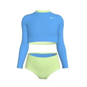 Nike Swim Big Girls' Long-Sleeve Crop Top High-Waisted Swim Bottom Swimsuit