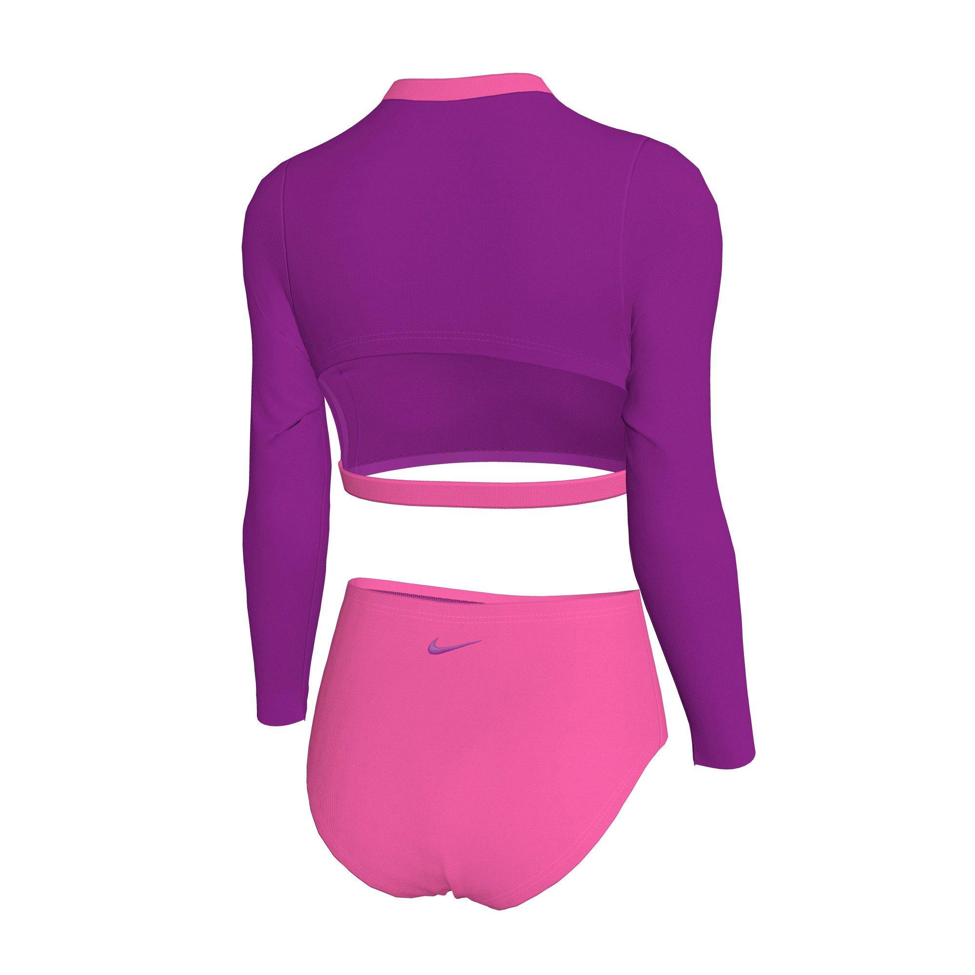 Nike Swim Big Girls' Long-Sleeve Crop Top High-Waisted Swim Bottom Swimsuit - PINK/PURPLE Thumbnail View 2