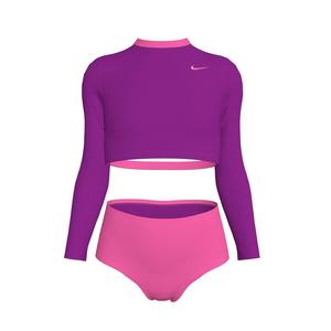 Nike Swim Big Girls' Long-Sleeve Crop Top High-Waisted Swim Bottom Swimsuit