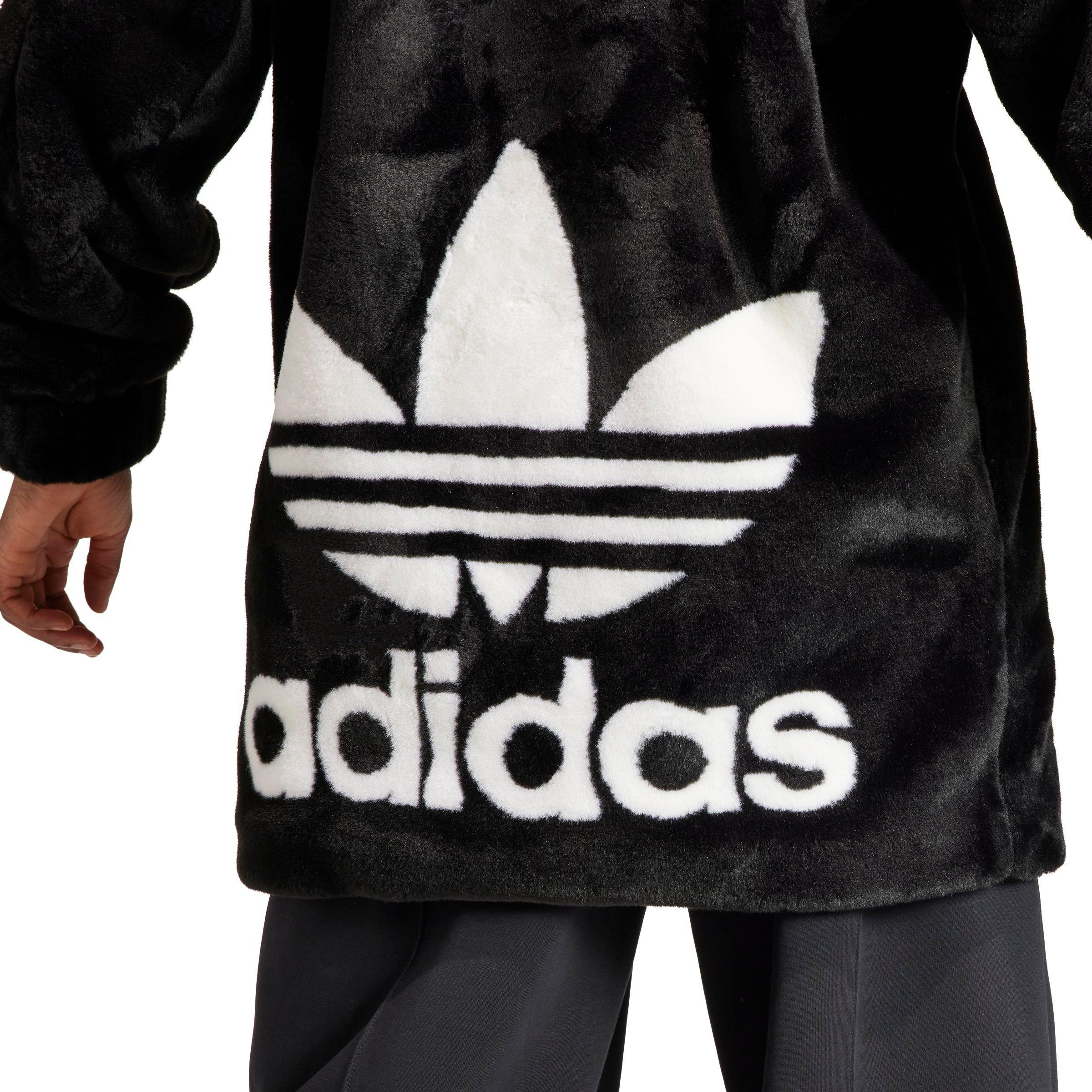 Adidas originals faux fur jacket sales with back trefoil logo in black