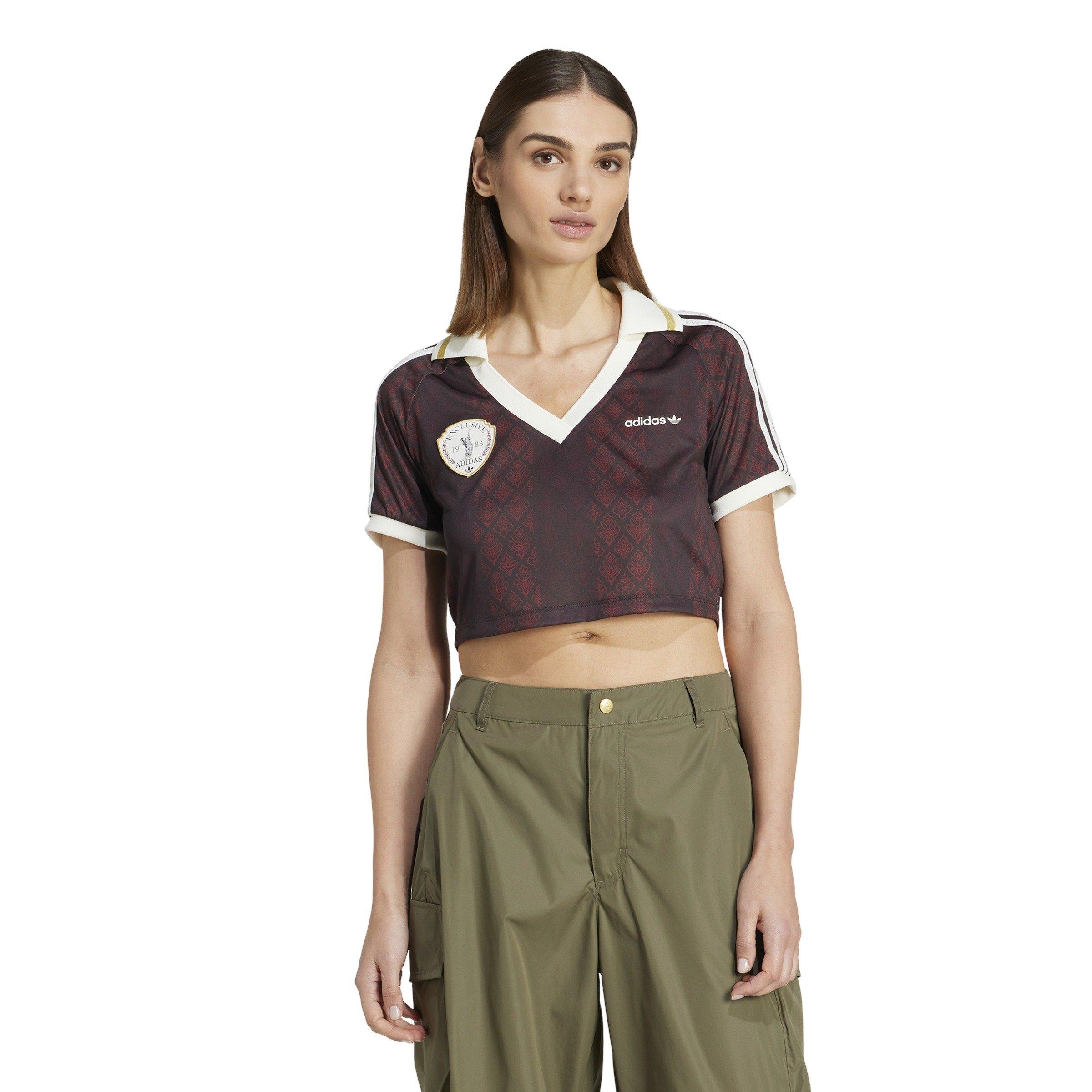 adidas Originals Women's Retro Sports Cricket-Inspired Cropped Jersey -Brown/Red - BROWN/RED Thumbnail View 1