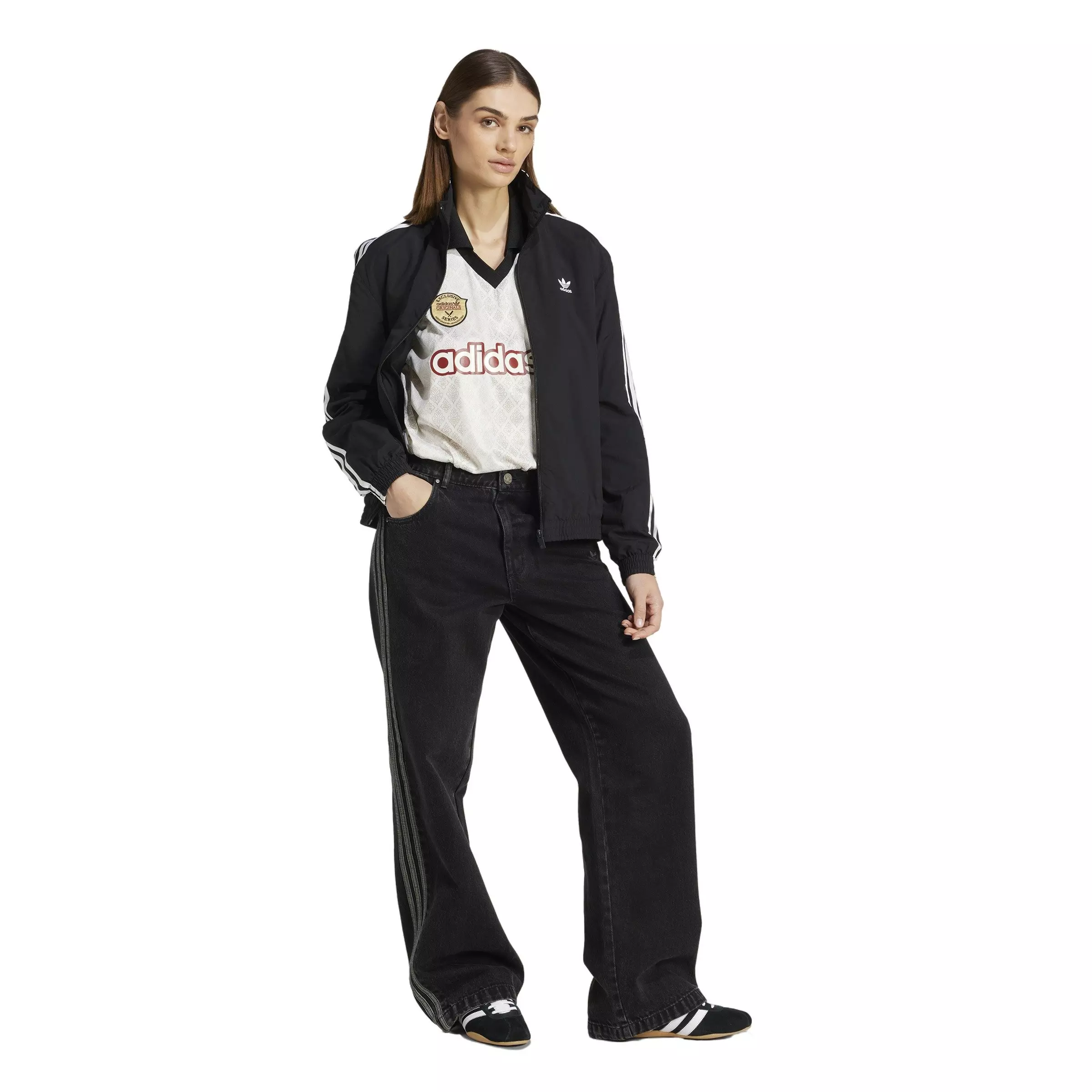 adidas Originals Women's Retro Sports Cricket-Inspired Long Sleeve Jersey -Off White - OFF-WHITE