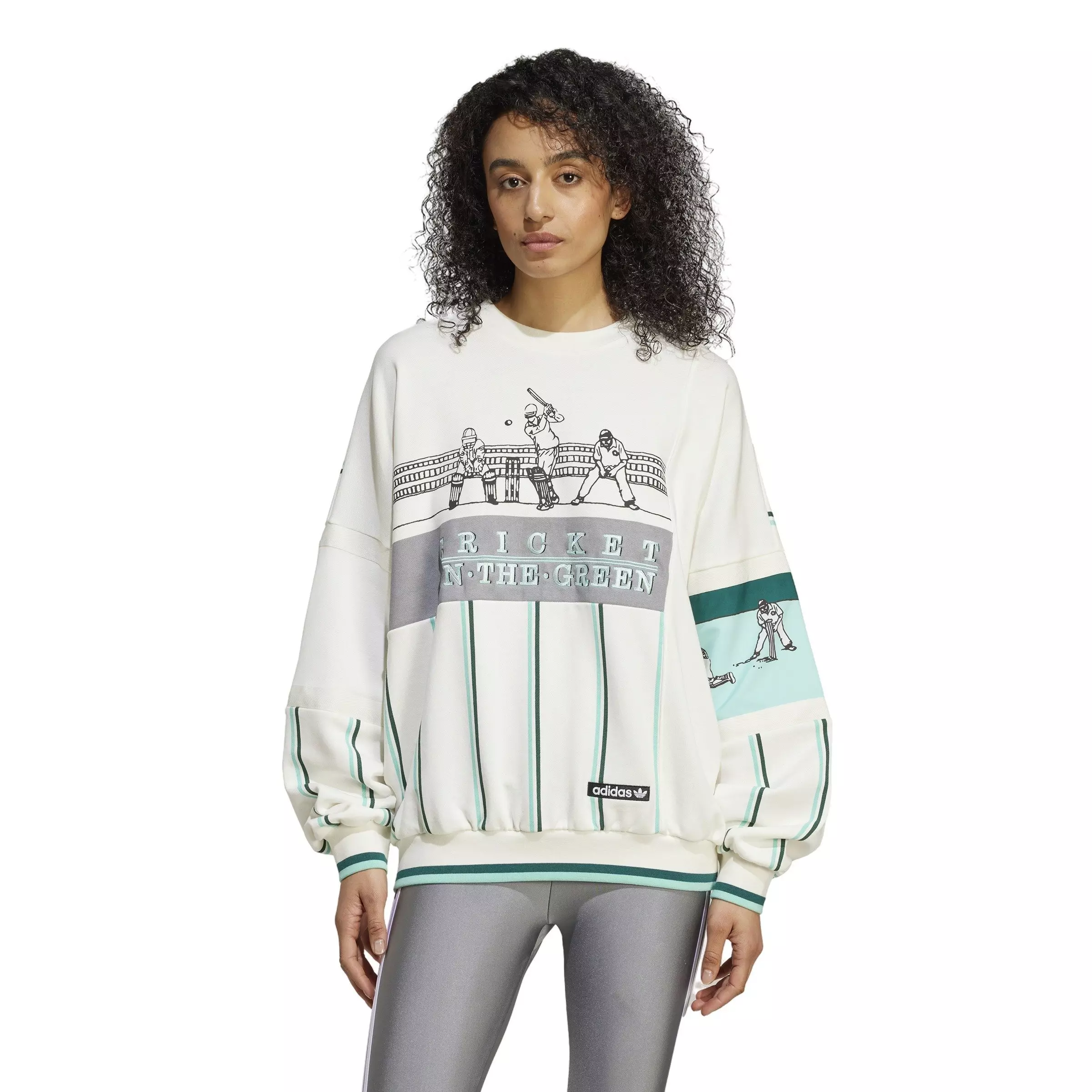 adidas Originals Women's Retro Sports Cricket-Inspired Crew Sweatshirt -Off-White - OFF-WHITE