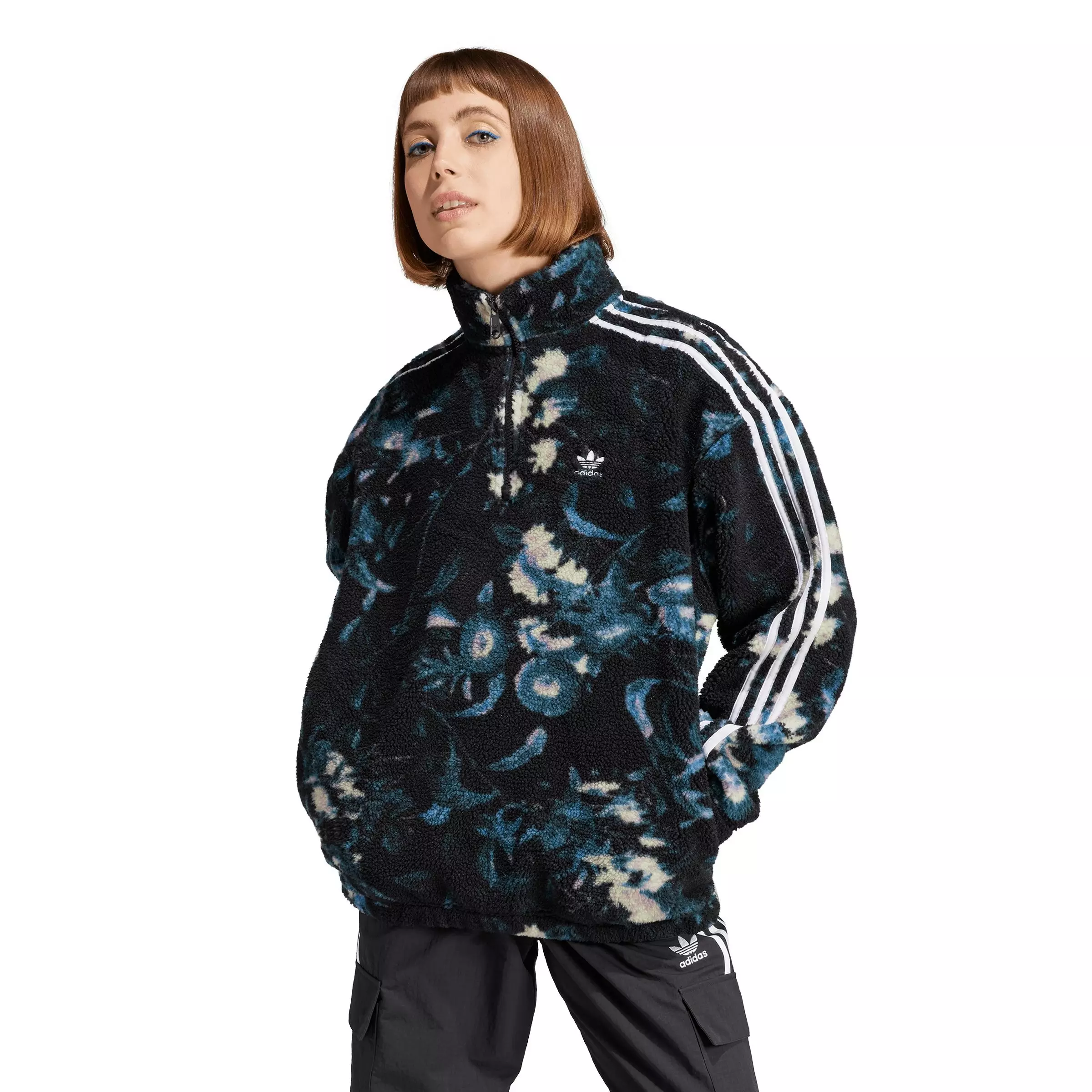 adidas Women's Originals All Over Flower Print Fleece 1/2 Zip Jacket - Black/Multi - BLACK/MULTI