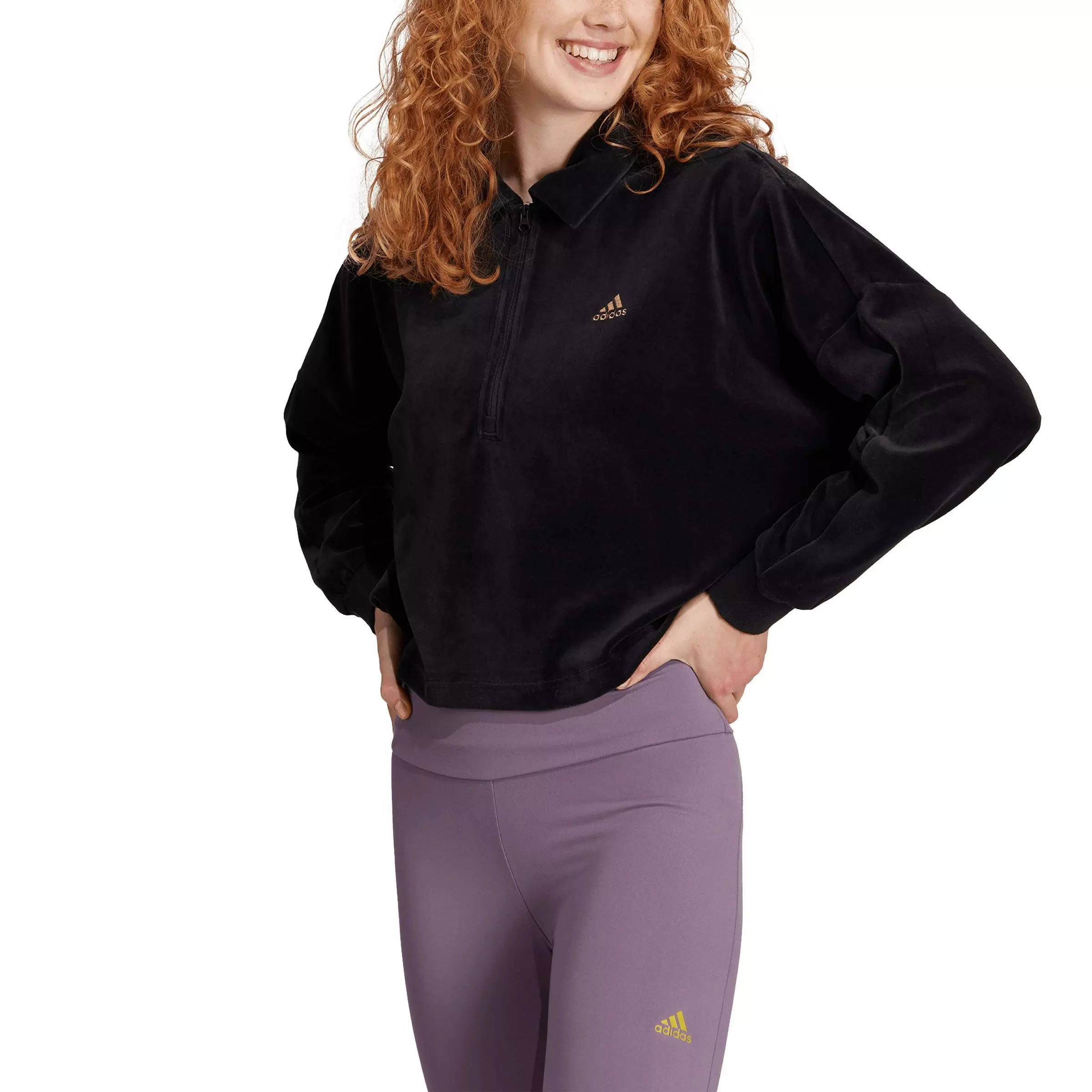adidas Women's Cropped Velour 1/4 Zip Jacket - Black - BLACK