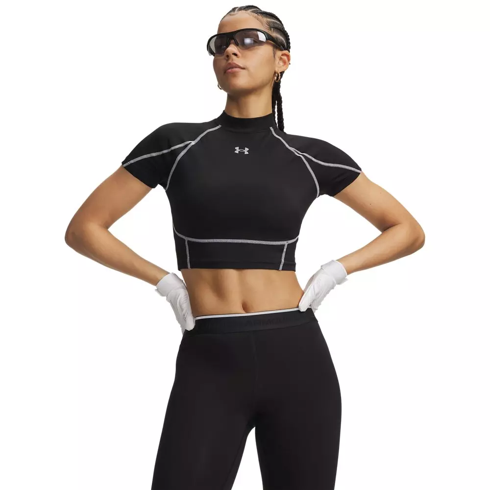 Under Armour Women's HeatGear NEOLAST Crop Mock Short Sleeve Top - Black/White - BLACK/WHITE