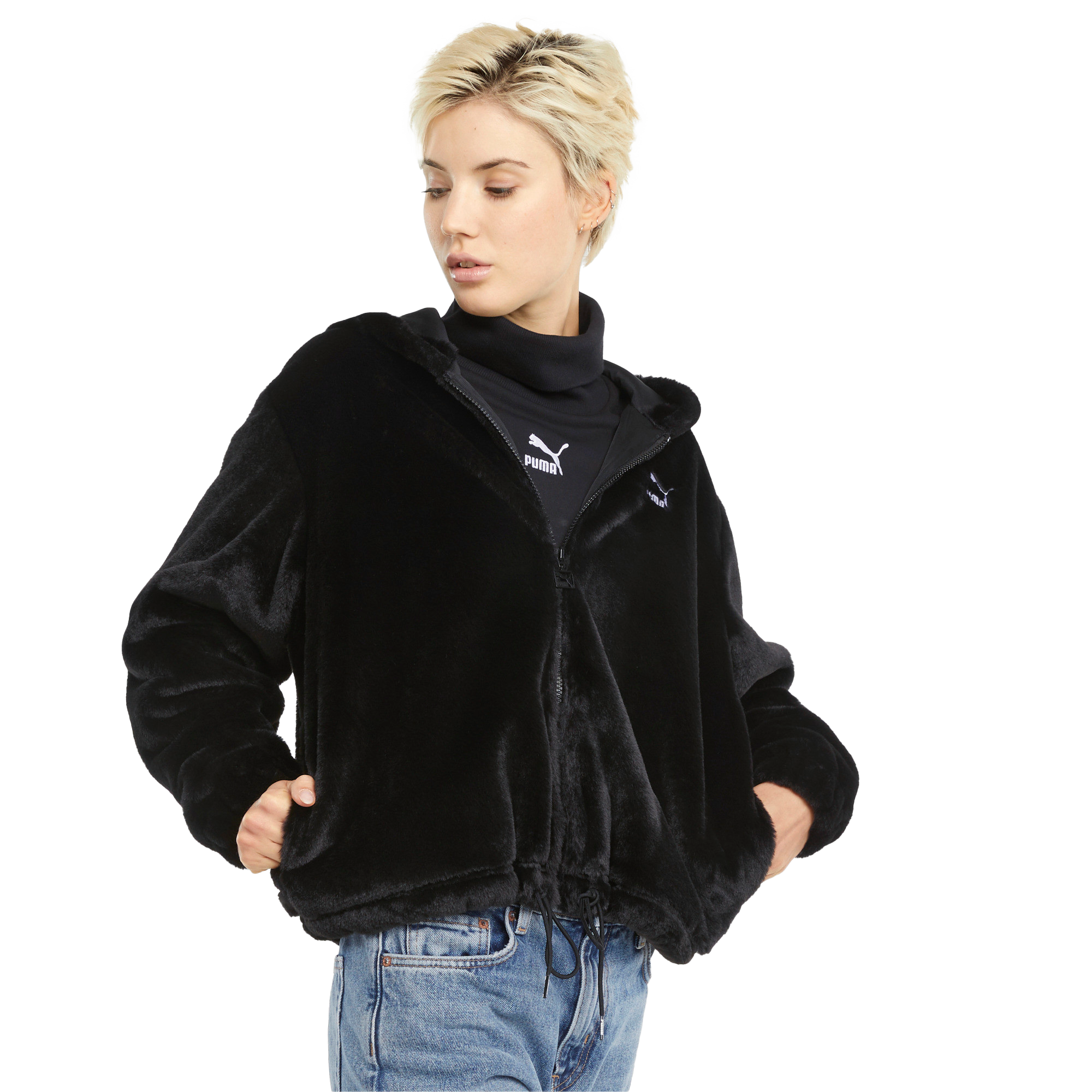 PUMA Women's Classics Faux Fur Full-Zip Hoodie - BLACK Thumbnail View 1