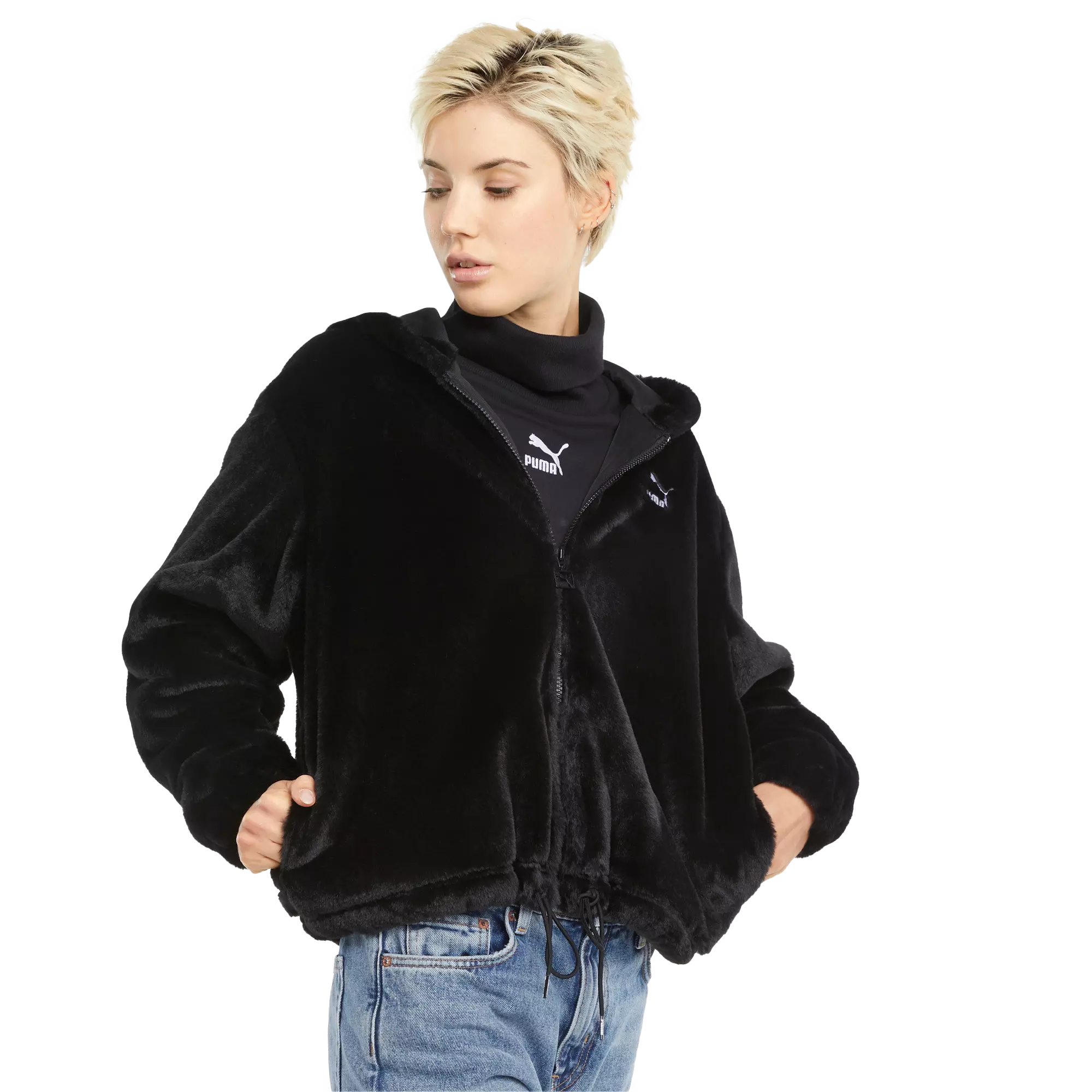 PUMA Women's Classics Faux Fur Full-Zip Hoodie - BLACK