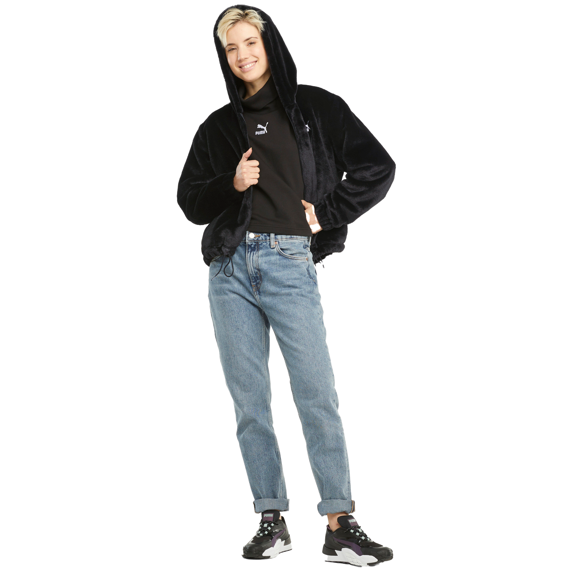 PUMA Women's Classics Faux Fur Full-Zip Hoodie - BLACK Thumbnail View 3