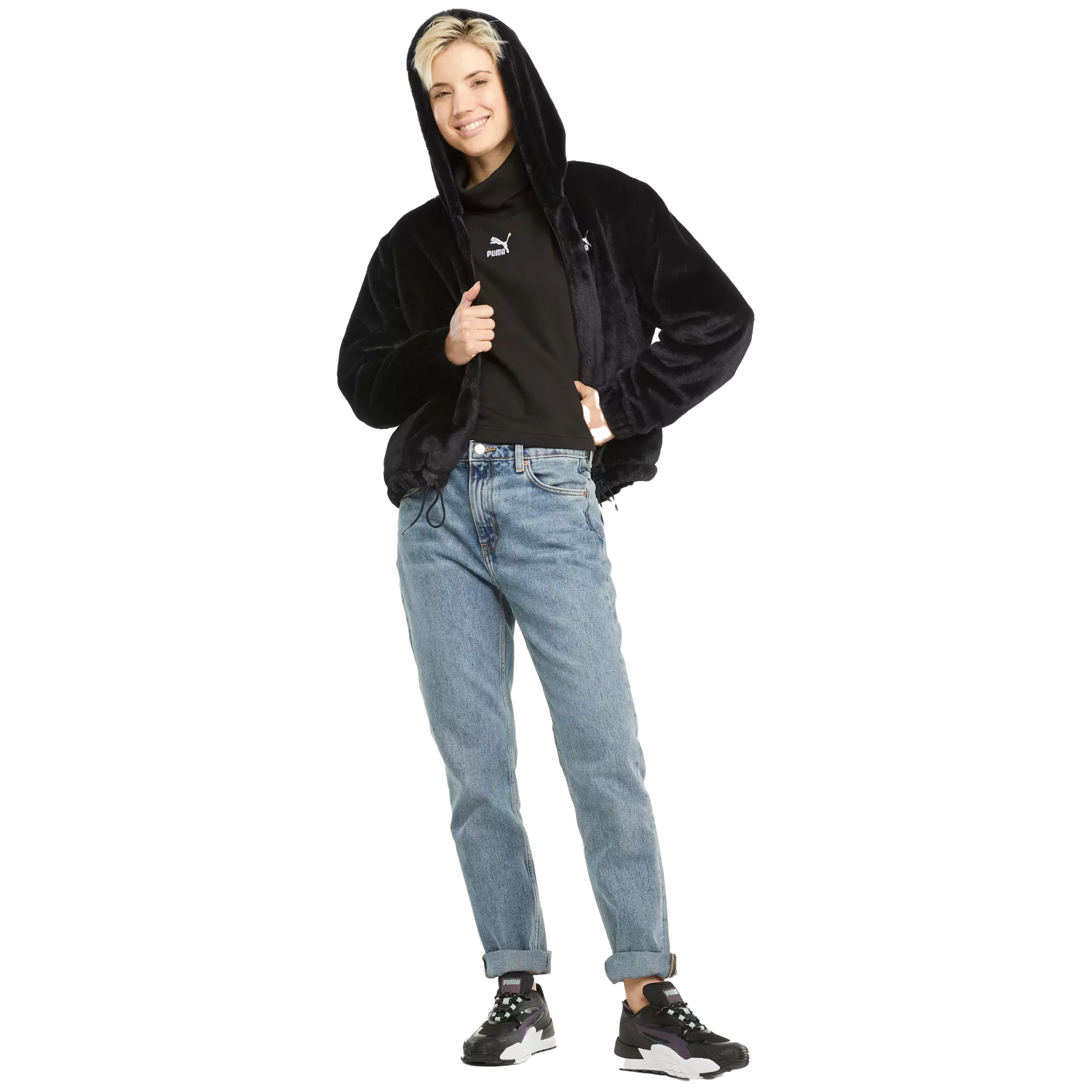 PUMA Women's Classics Faux Fur Full-Zip Hoodie - BLACK