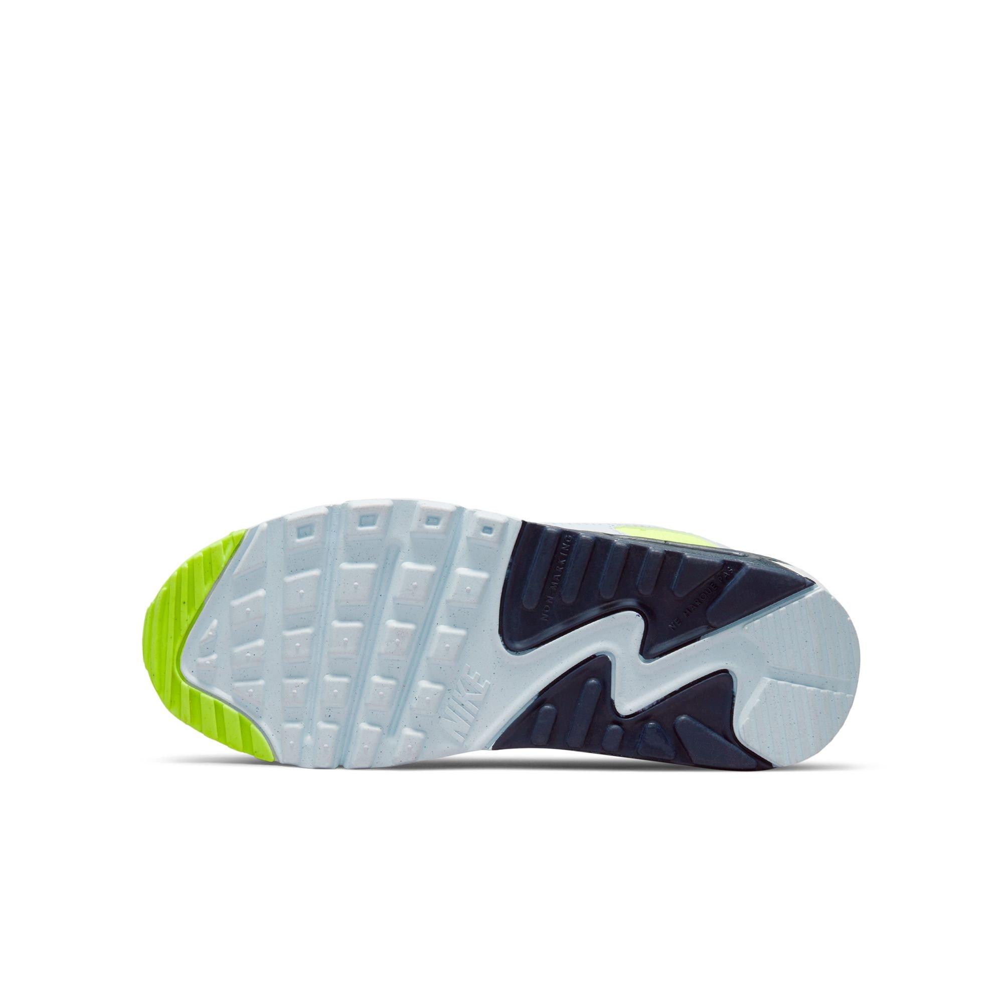 Nike Air Max 90 "White/Blackened Blue/Volt/Football Grey" Grade School Boys' Shoe - BLUE/GREEN Thumbnail View 10