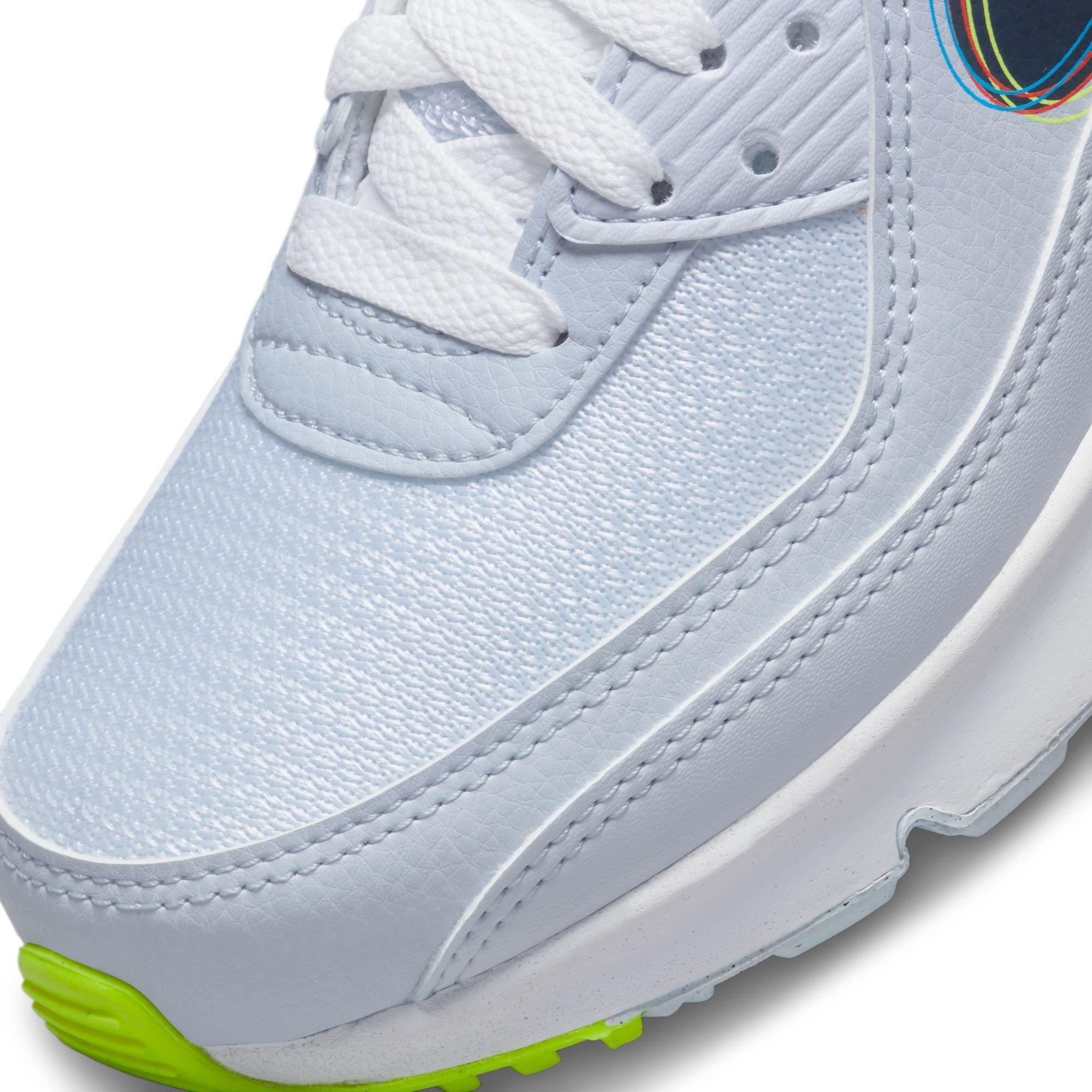 Nike Air Max 90 "White/Blackened Blue/Volt/Football Grey" Grade School Boys' Shoe - BLUE/GREEN Thumbnail View 3