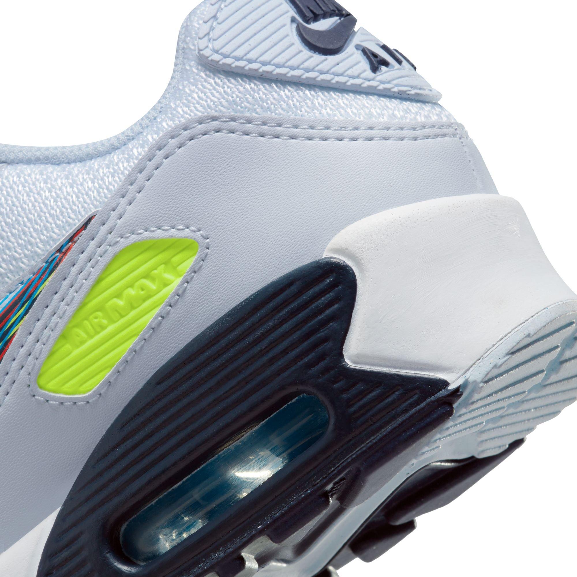Nike Air Max 90 "White/Blackened Blue/Volt/Football Grey" Grade School Boys' Shoe - BLUE/GREEN Thumbnail View 4